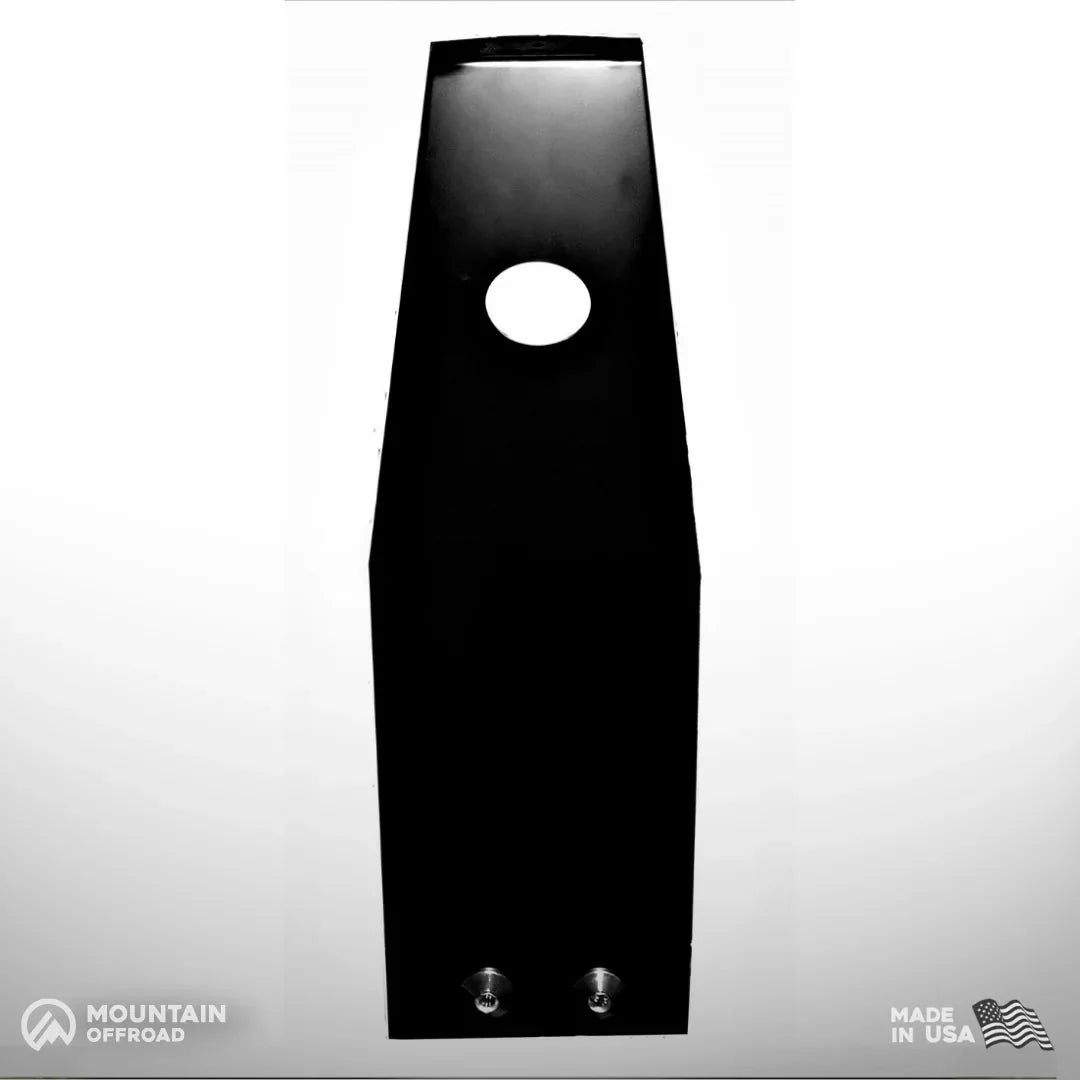 Aluminum transmission skid plate for Jeep Wrangler JL, black with drain hole and bolt fittings.