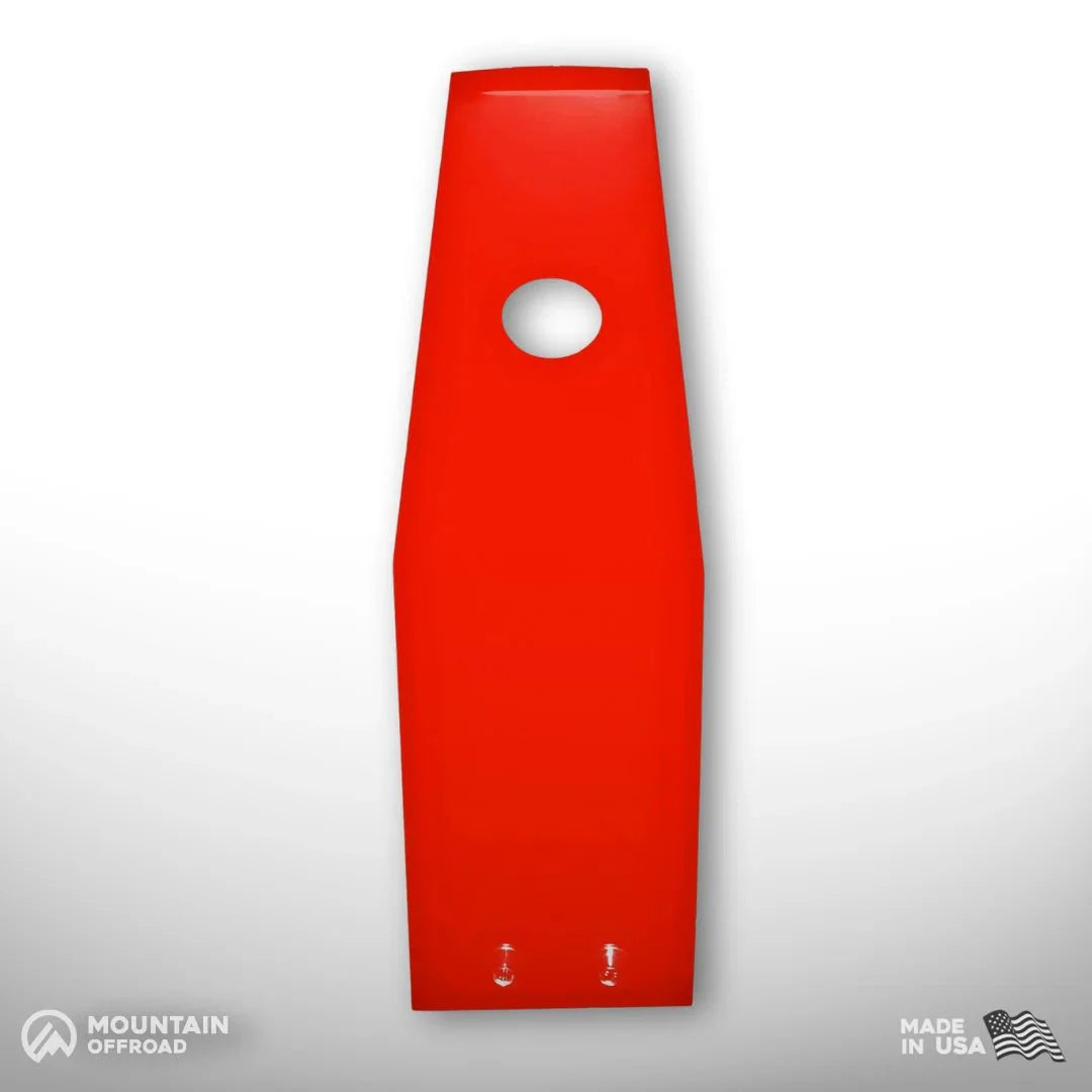 Red transmission skid plate with center hole for Jeep Wrangler JL, flat on white background.