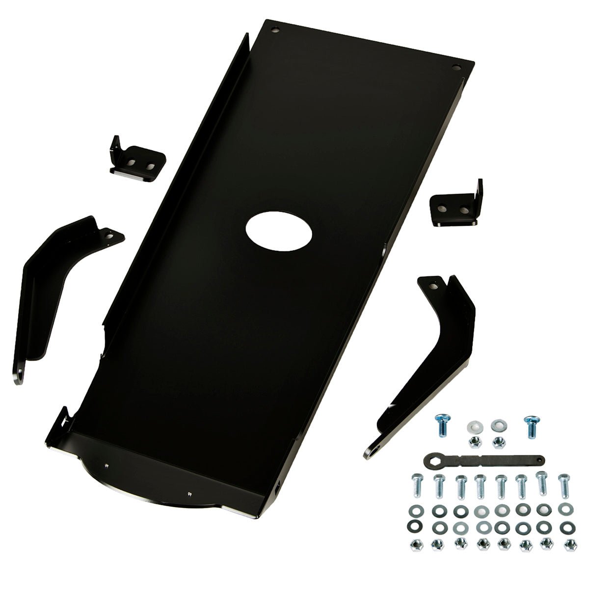 Black steel skid plate kit with brackets and mounting hardware for Jeep Wrangler TJ