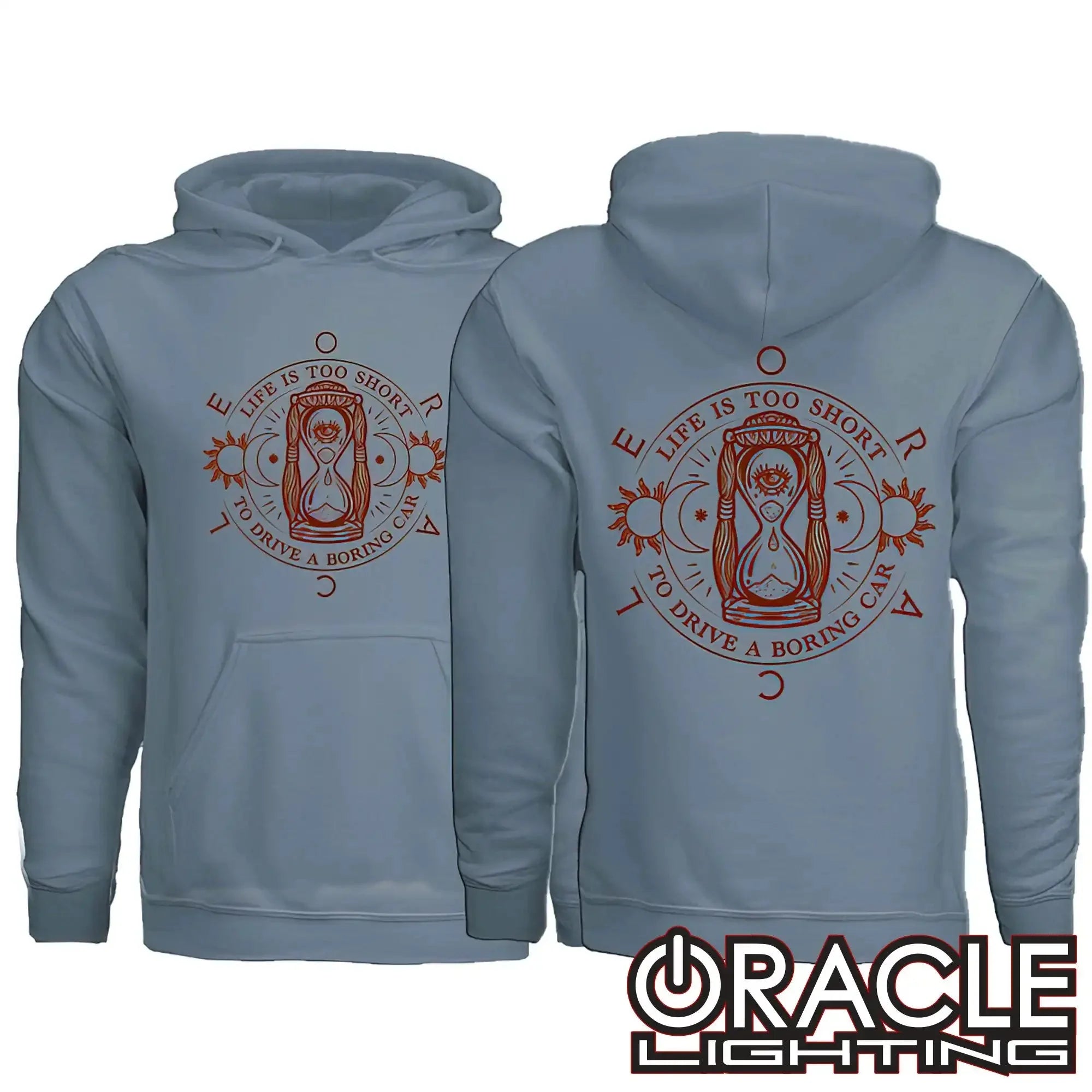 Light blue hoodie with hourglass and sun graphic, quote 'Life is too short to drive a boring car'.