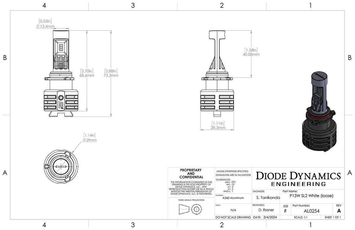 Diode Dynamics P13W SL2 LED bulbs for Nissan Titan – dimensional drawing