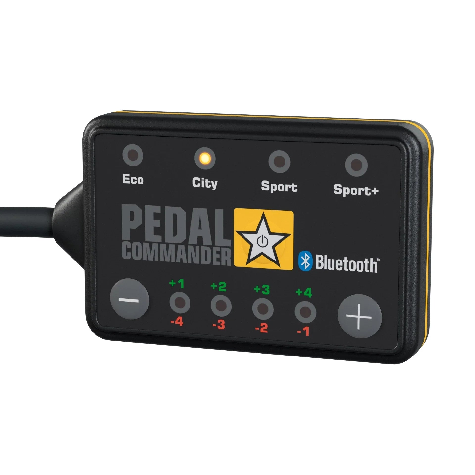 Pedal Commander throttle controller for vehicles with adjustable driving modes and Bluetooth.