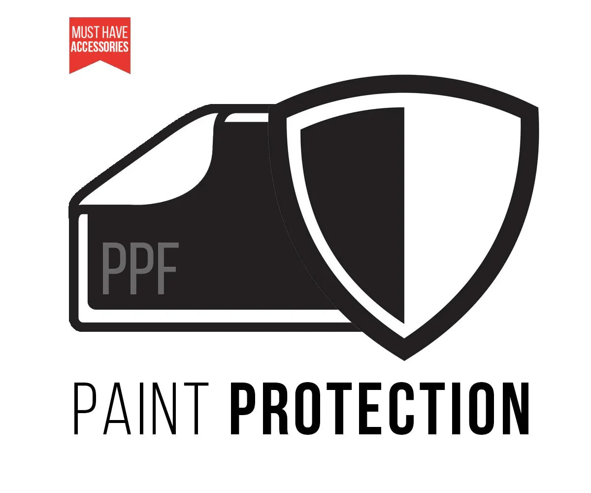 Paint protection film icon with shield, PPF label, and must-have accessories banner