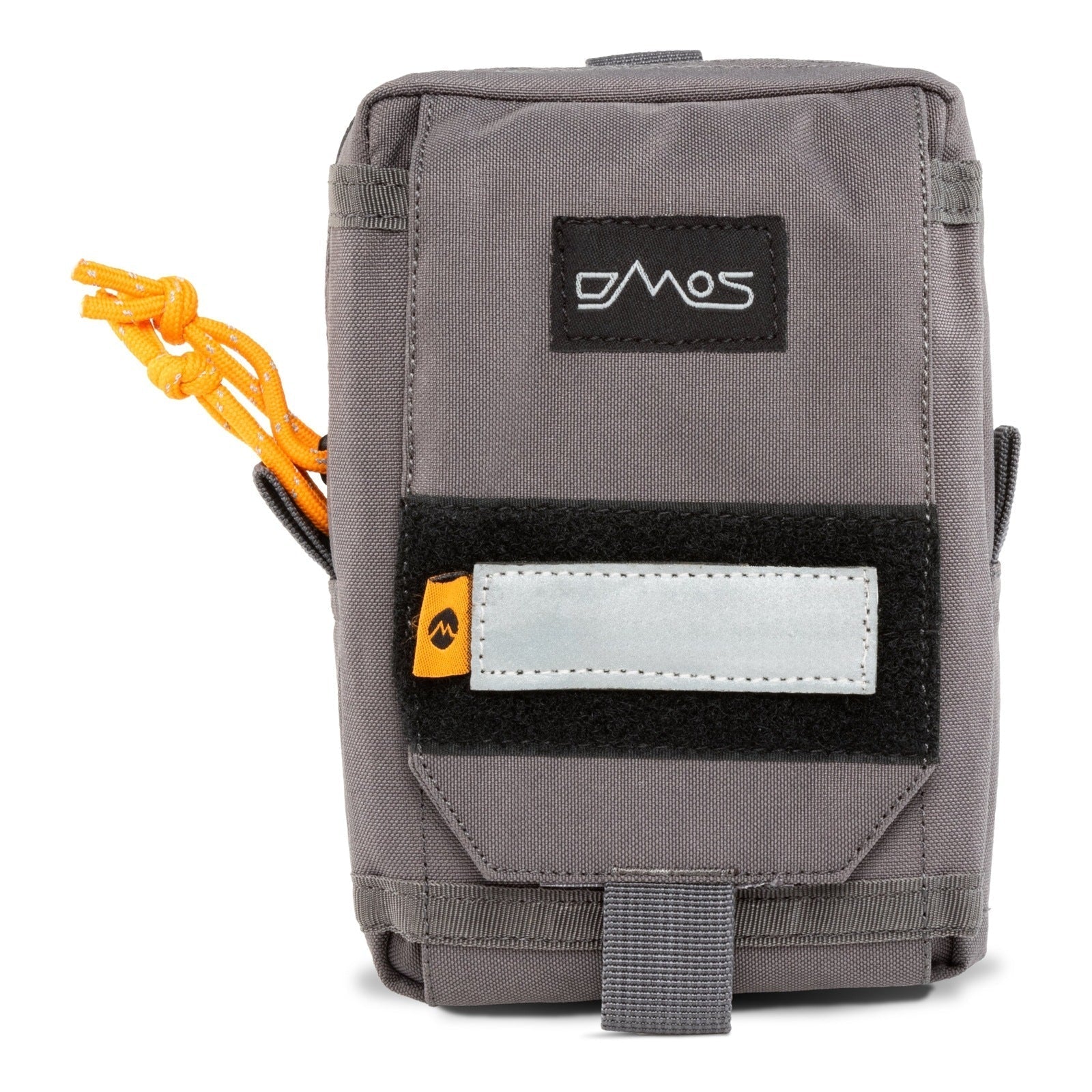 Gray utility pouch for overlanding gear with black and orange accents, front view.