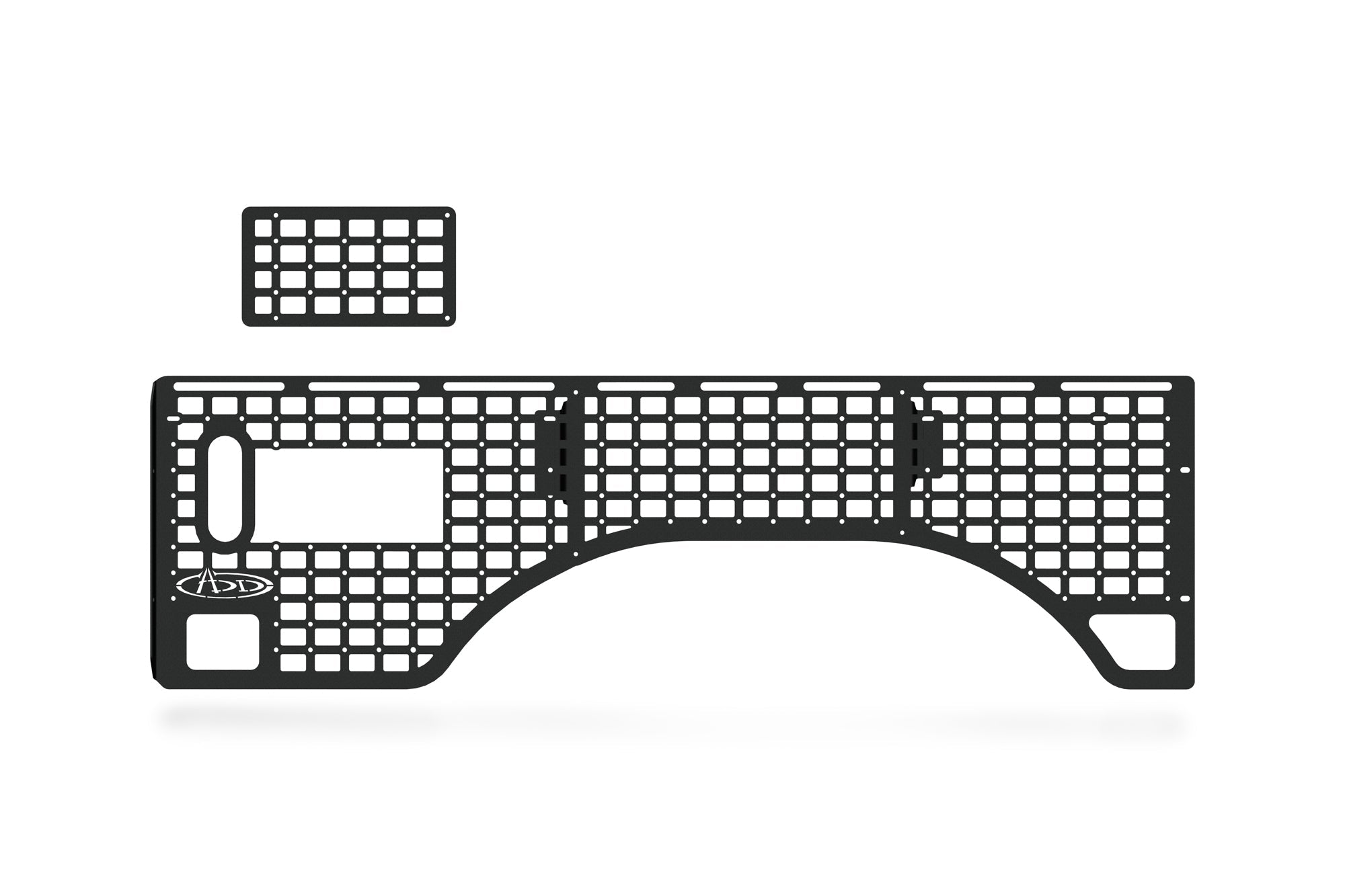 Black steel truck bed molle storage panel with mounting grid cutouts for gear organization.