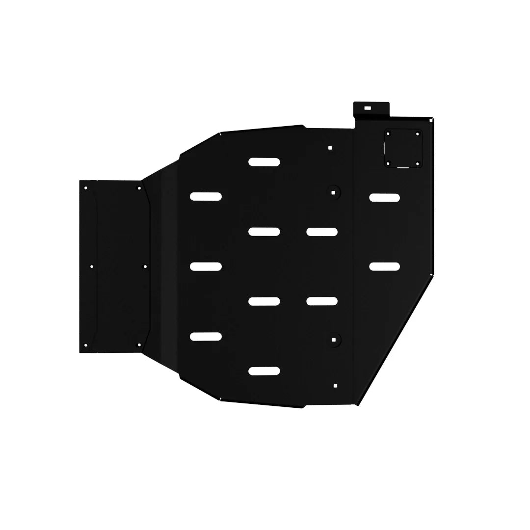 Black steel rear differential skid plate with ventilation slots for off-road vehicles