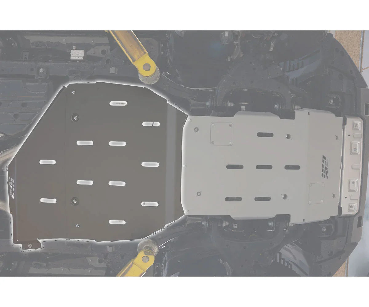 Heavy-duty skid plate installed under vehicle chassis for off-road protection