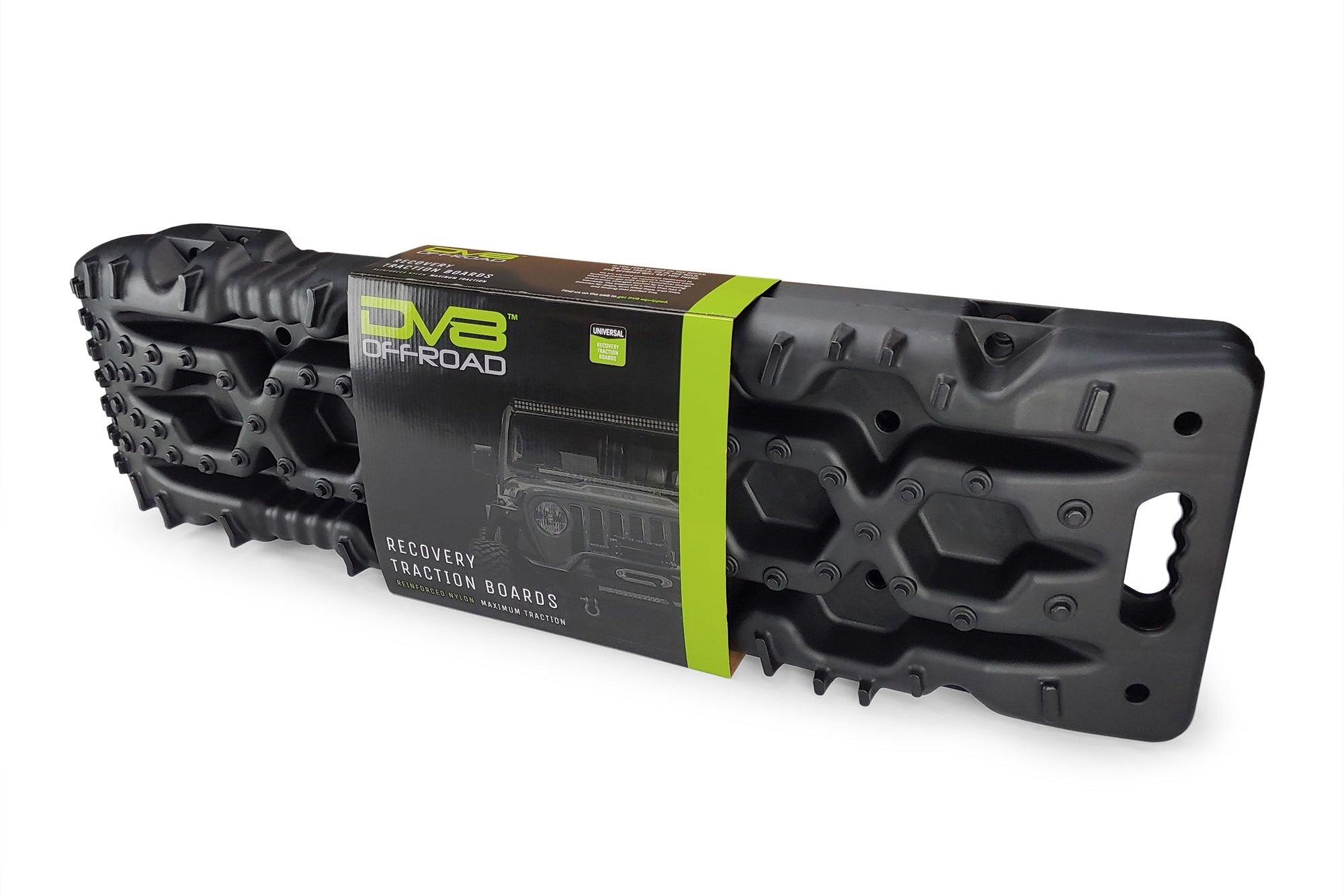 Black off-road recovery traction boards in DV8 Offroad packaging for vehicle recovery
