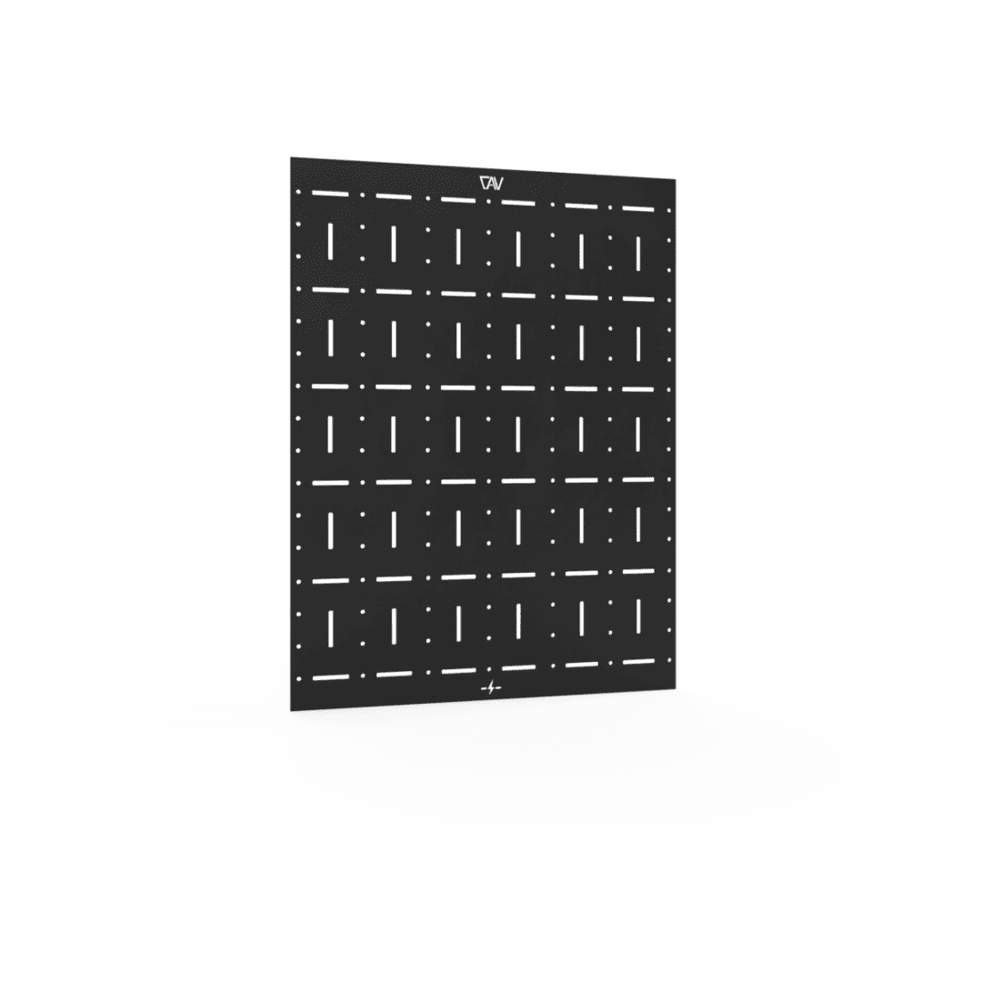Black modular steel storage panel with slotted holes for overlanding vehicle gear
