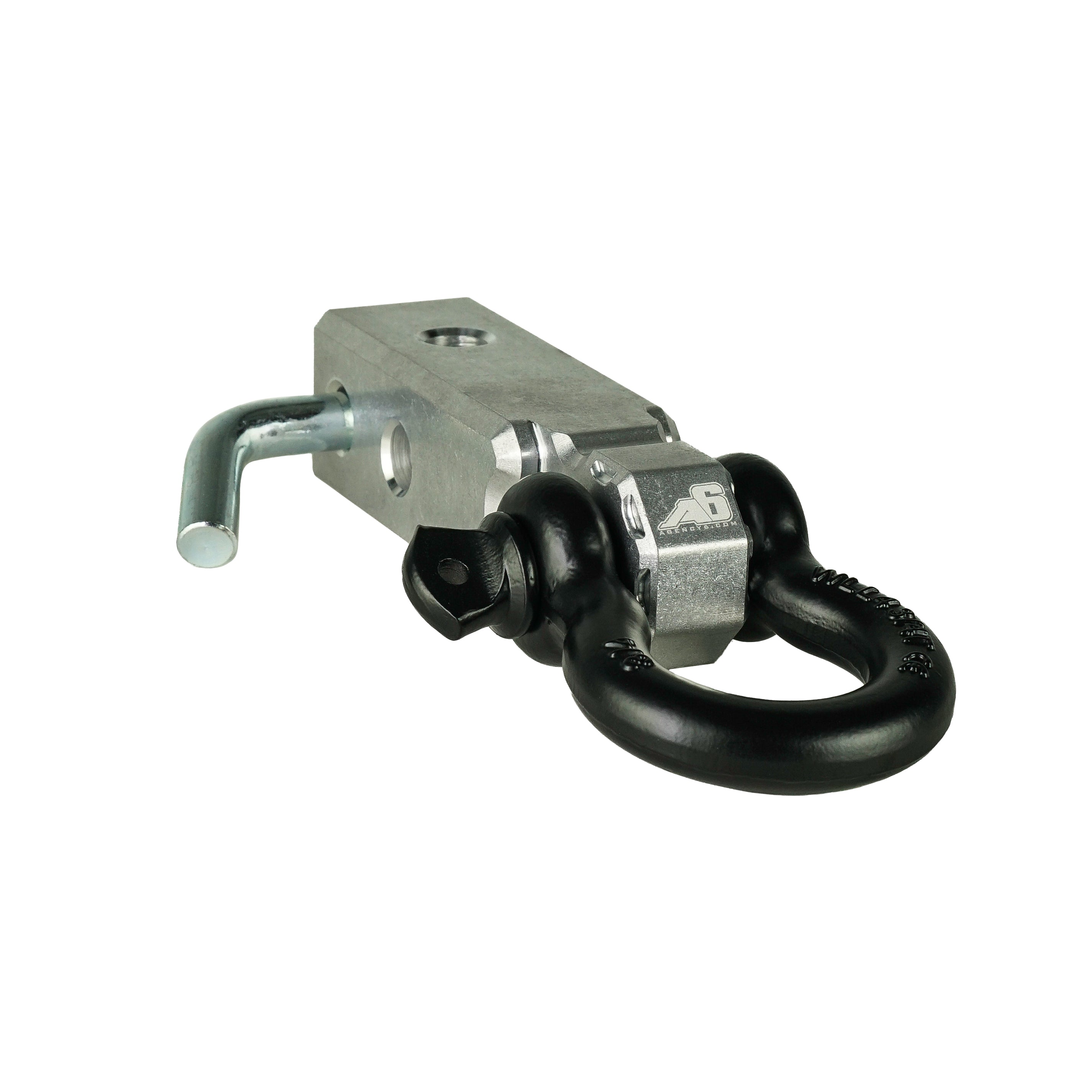 Heavy-duty silver and black hitch receiver shackle mount for off-road vehicle recovery