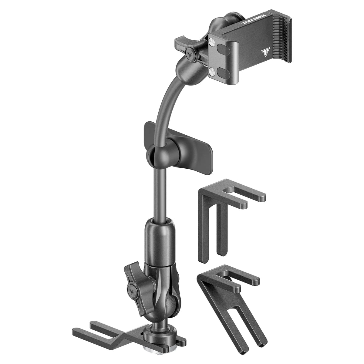 Tackform seat rail floor bolt phone mount with rigid flex arm for universal fit