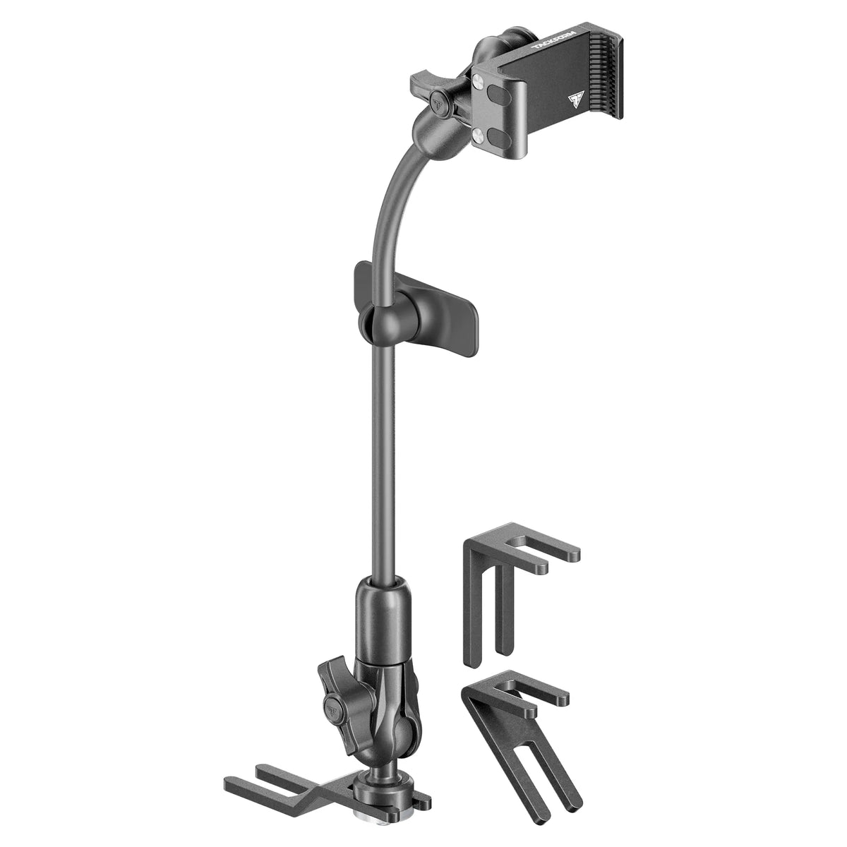 Tackform seat rail floor bolt phone mount with rigid flex arm for universal fit