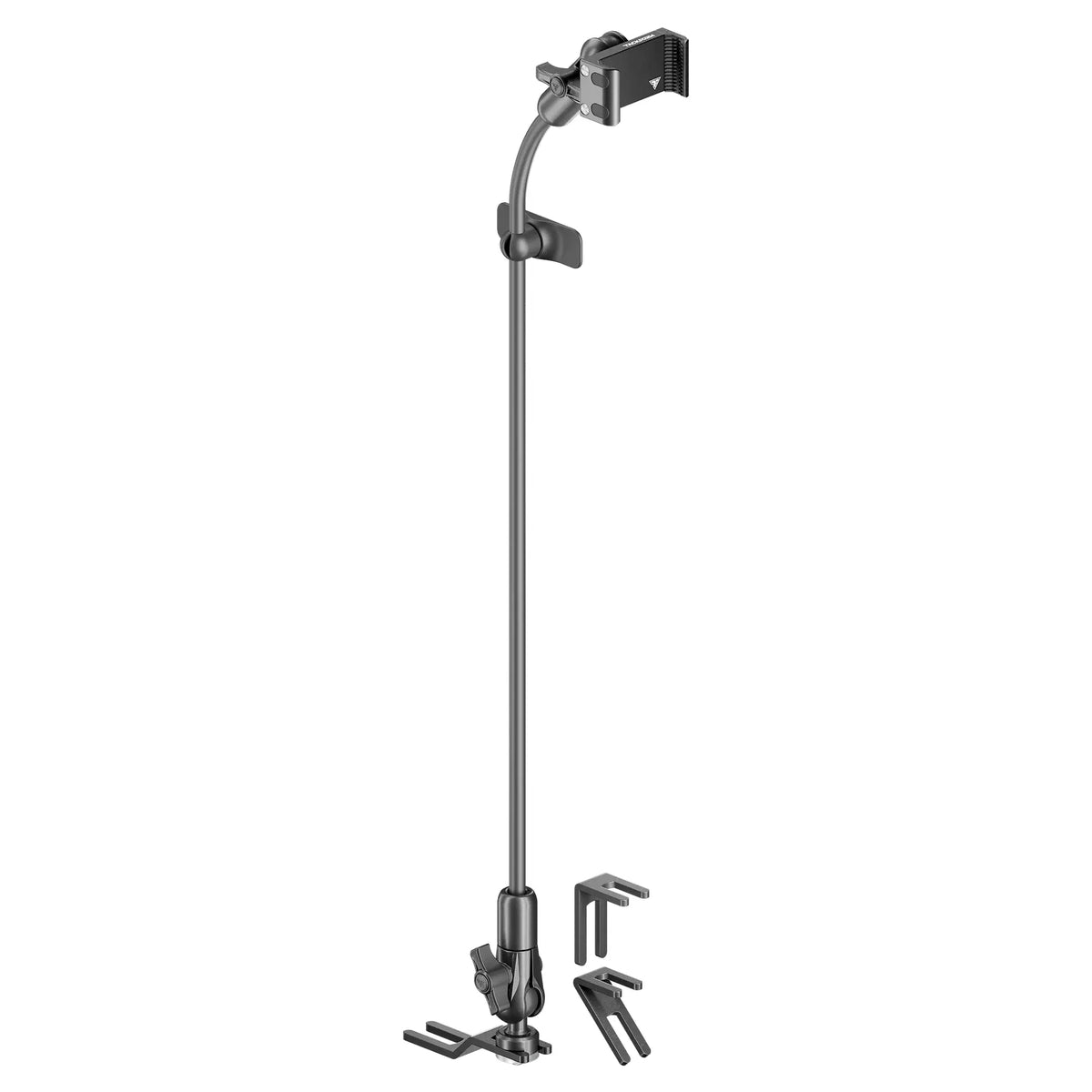 Tackform seat rail floor bolt phone mount with rigid flex arm for universal fit