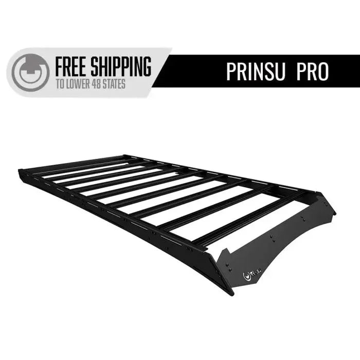 Black Prinsu Pro roof rack for overlanding vehicles, angled front view on white background.