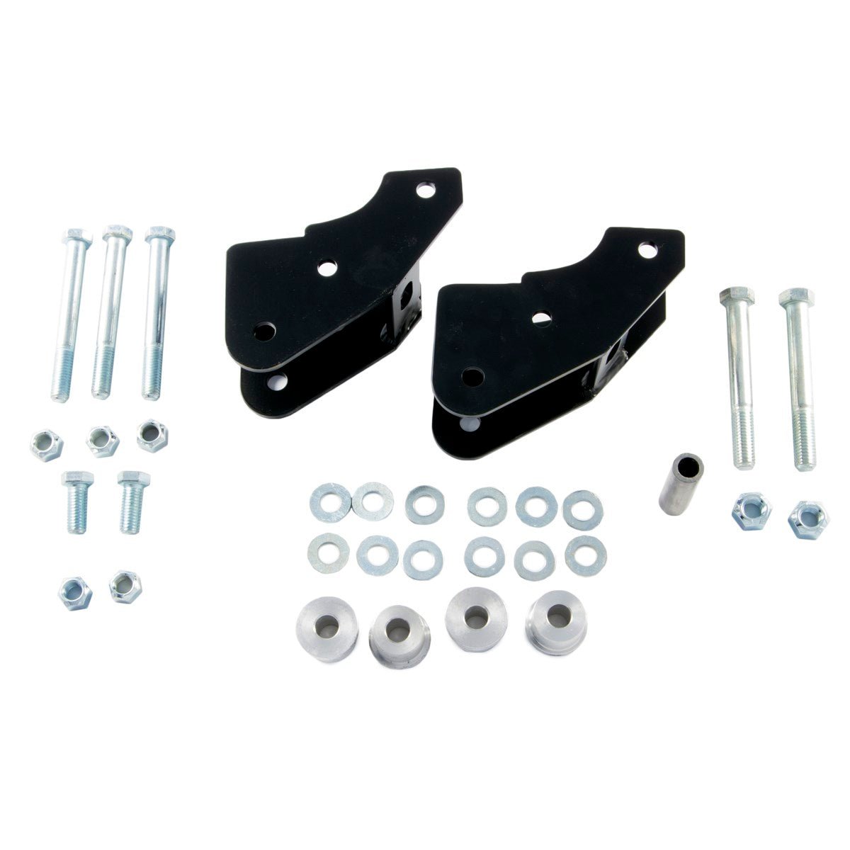 Shackle reversal front brackets kit with bolts, washers, and hardware for Jeep Wrangler YJ