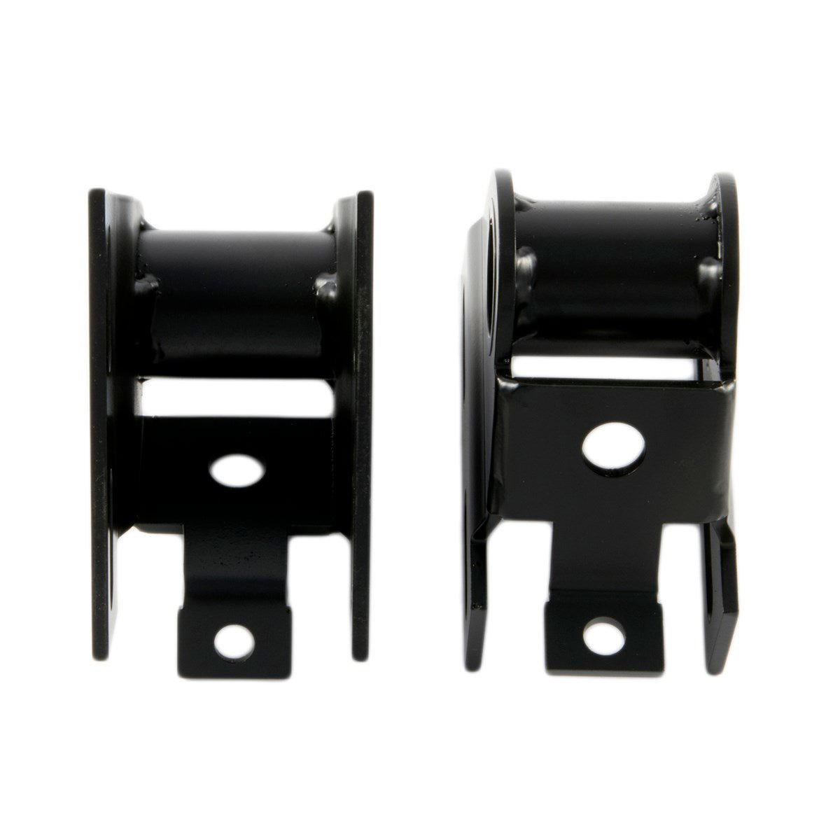 Black shackle reversal hanger brackets for Jeep Wrangler YJ 1987-1995, front view