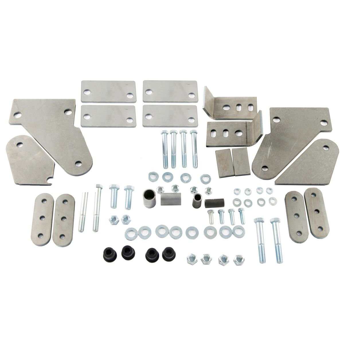 Shackle reversal system kit for Jeep CJ 1976-86 with metal brackets, bolts, washers, and bushings arranged on a white background.