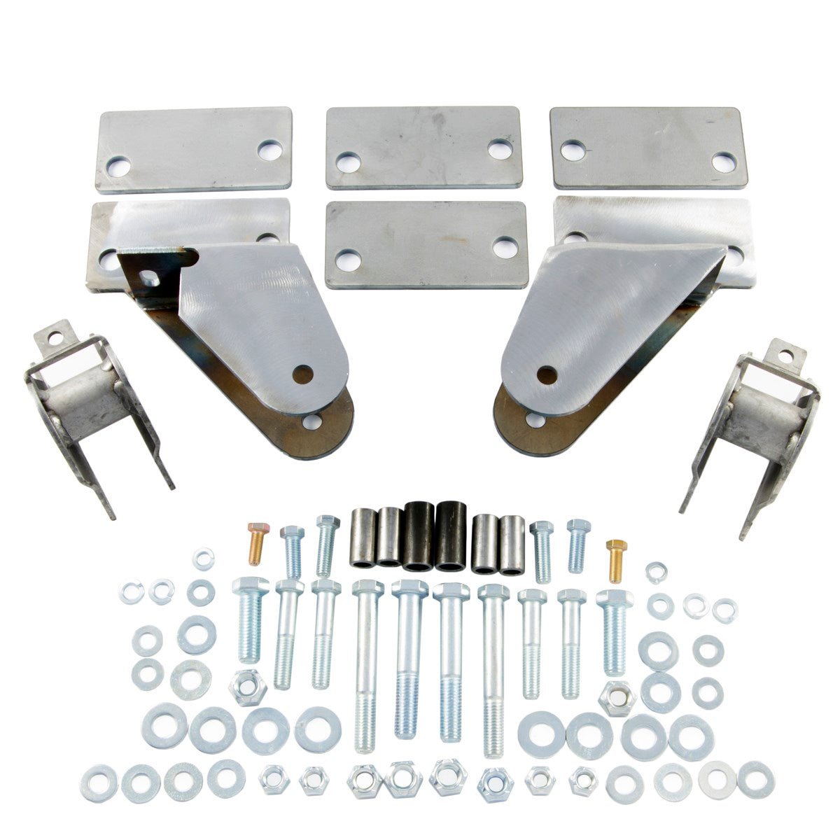 Shackle reversal system with bolt-on shackle brackets and hardware for Jeep CJ 1976-86