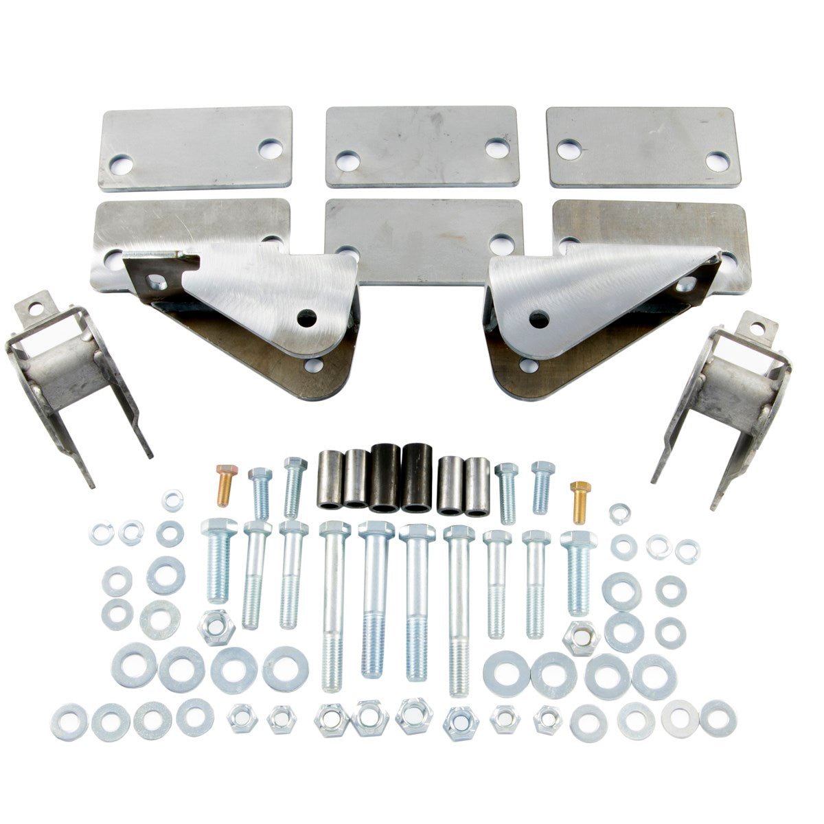 Shackle reversal system with bolt-on shackle hanger brackets and hardware for Jeep CJ 1976-86 YJ springs