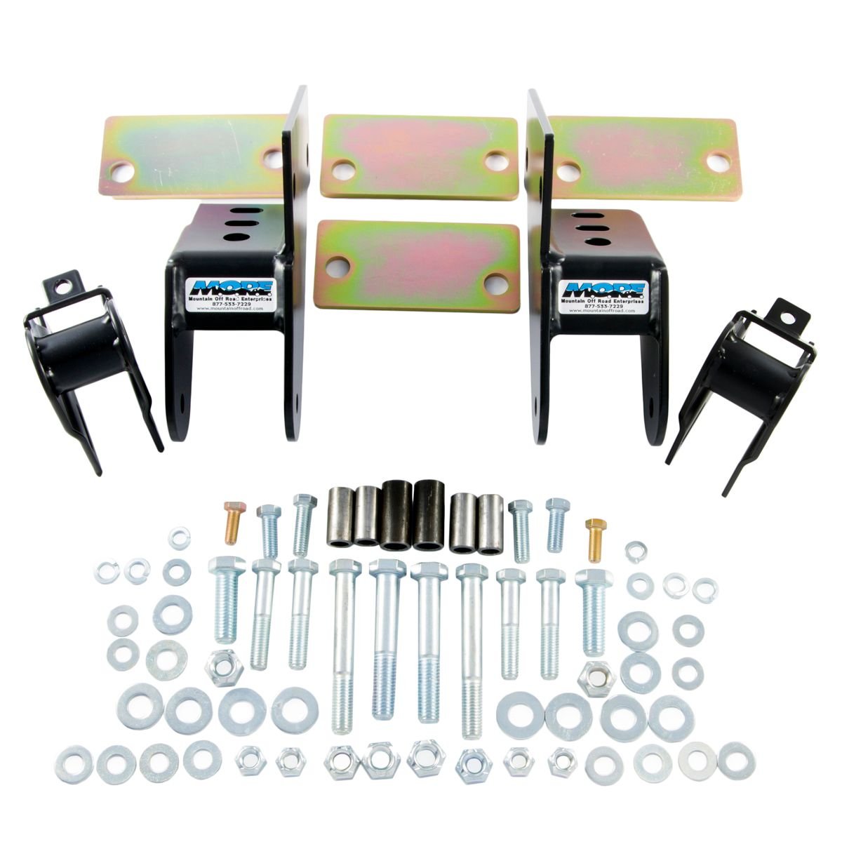 Shackle reversal system kit with bolt-on spring hanger brackets and hardware for Jeep CJ.