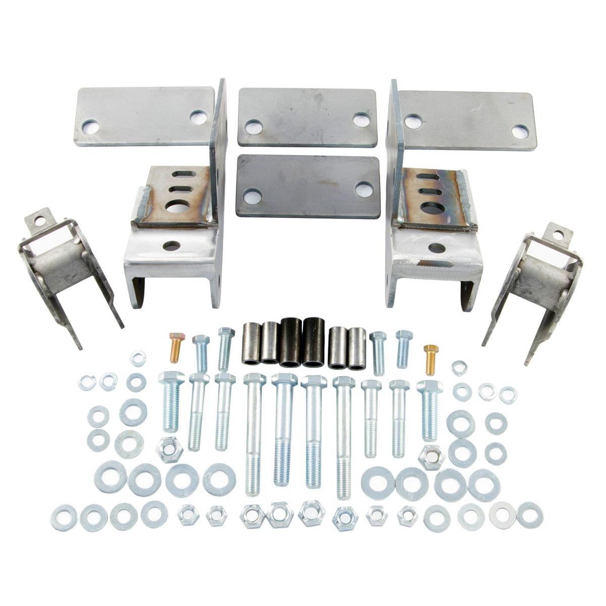 Shackle reversal system with bolt-on spring hanger brackets and hardware for Jeep CJ 1976-86