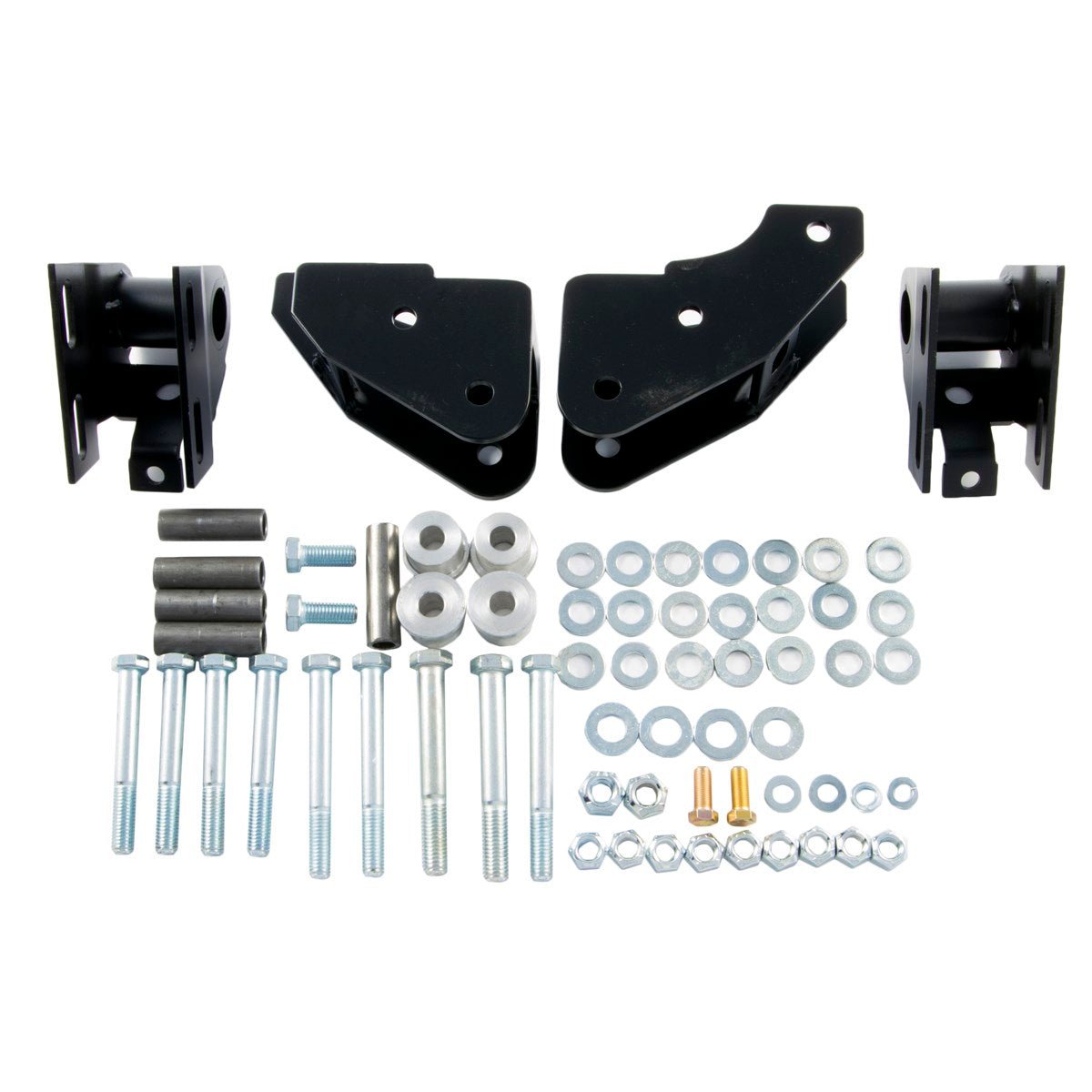 Shackle reversal system with bolt-on spring hanger brackets and hardware for Jeep Wrangler YJ 1987-95