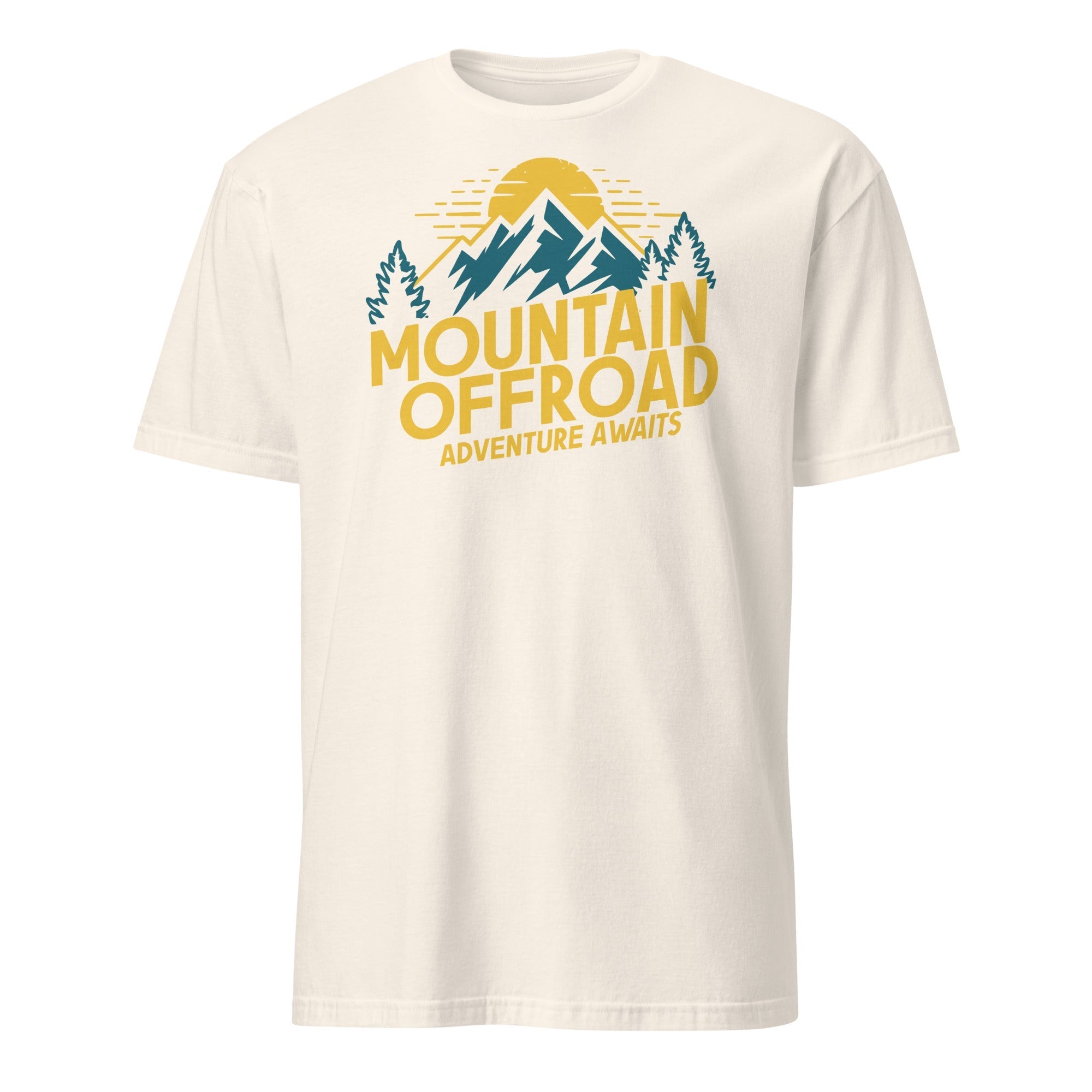 White short sleeve t-shirt with Mountain Offroad Adventure Awaits graphic and mountain design