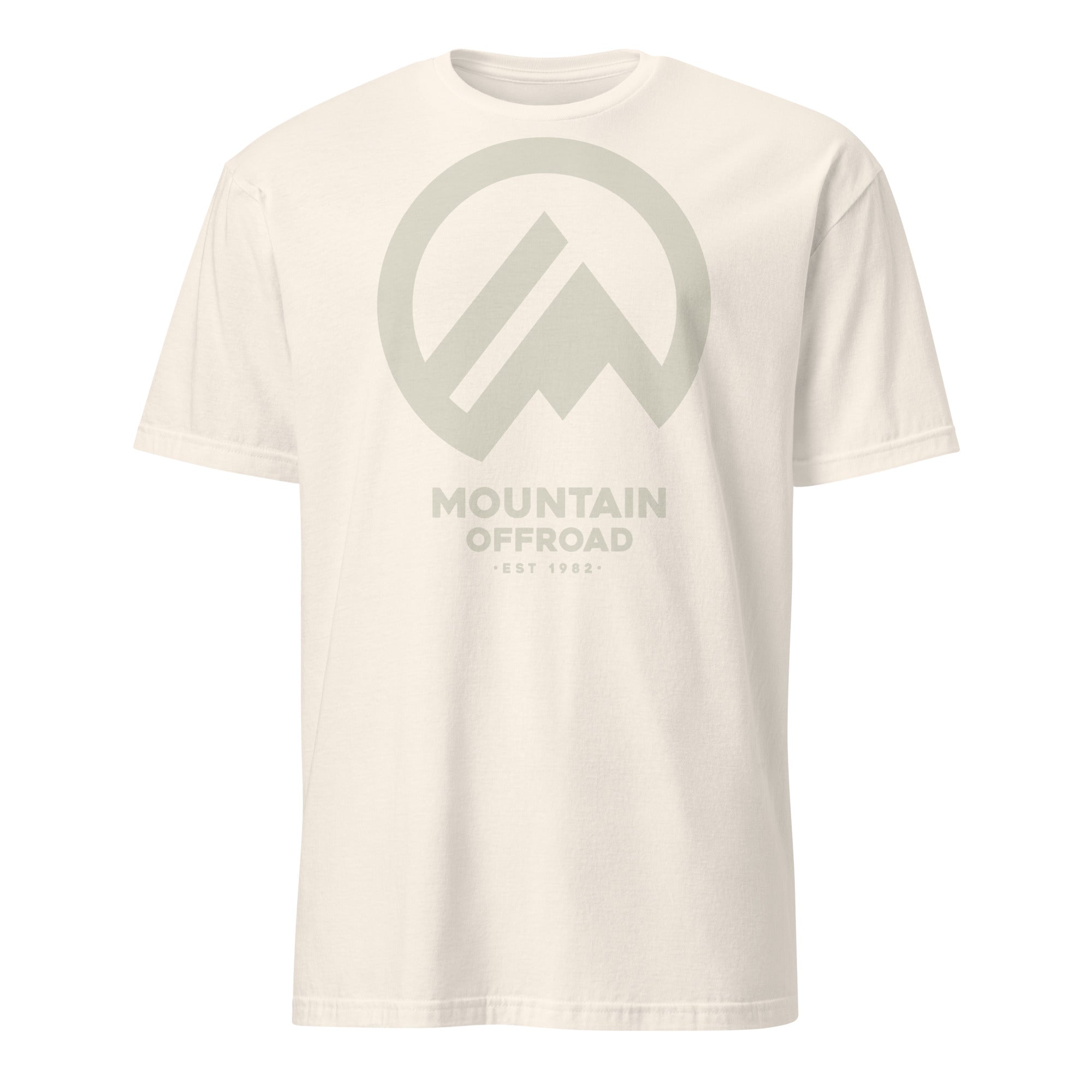 Beige short sleeve t-shirt with Mountain Offroad logo and adventure graphic print.