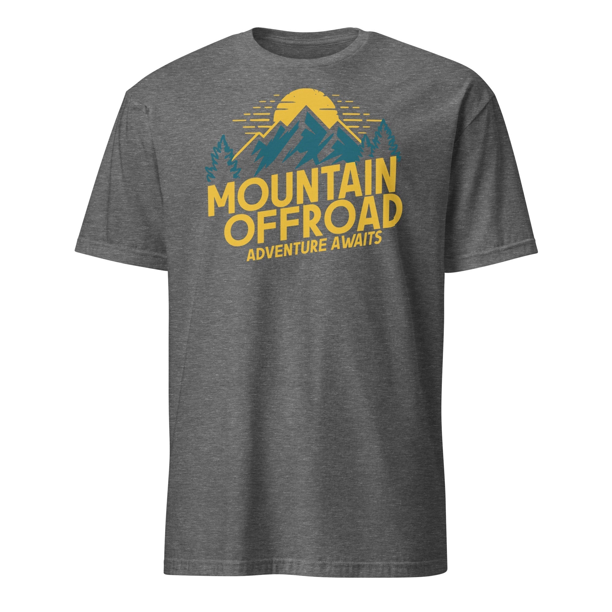 Gray short sleeve t-shirt with mountain offroad adventure graphic and sun illustration.