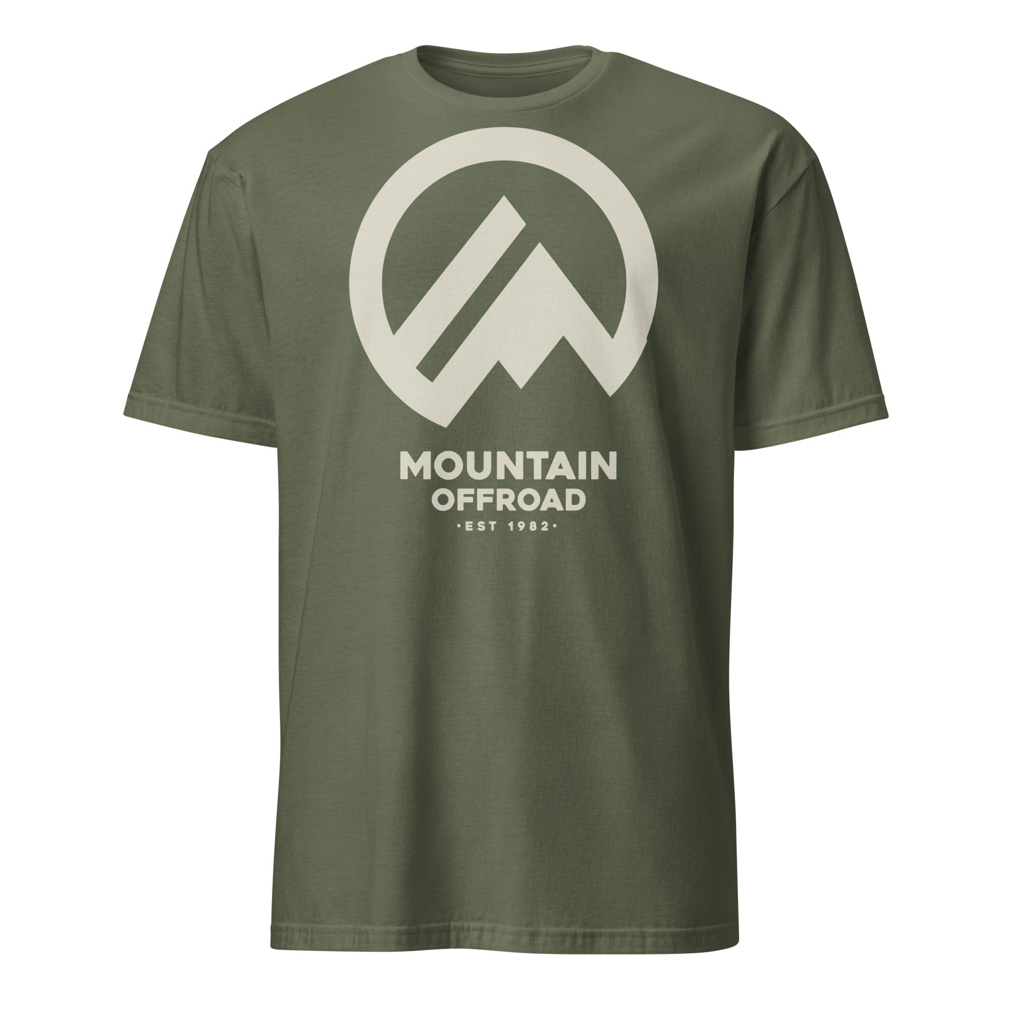 Olive green short sleeve t-shirt with Mountain Offroad graphic and logo for outdoor enthusiasts