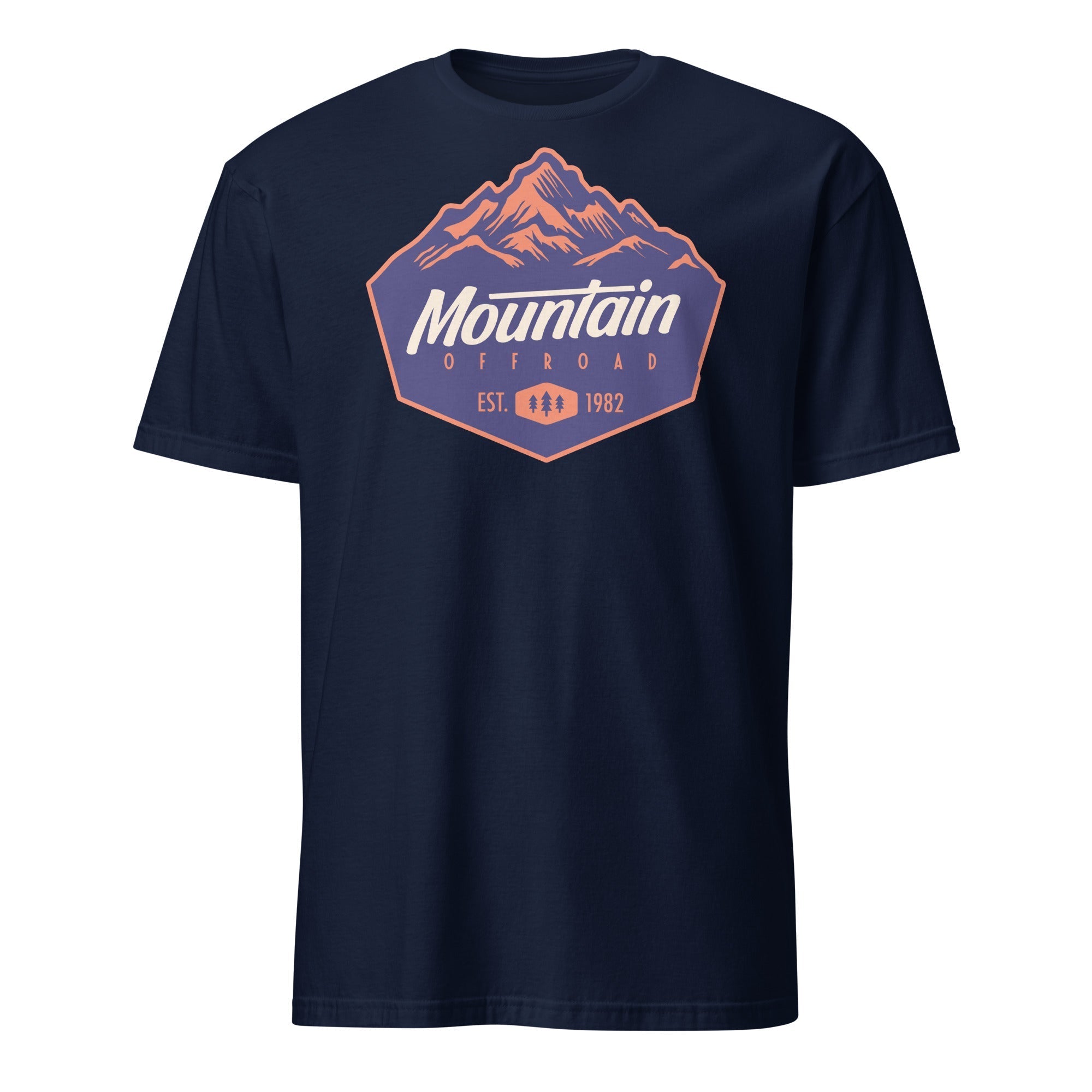Navy short sleeve t-shirt with 'Mountain Offroad' graphic, mountains and outdoor adventure theme.