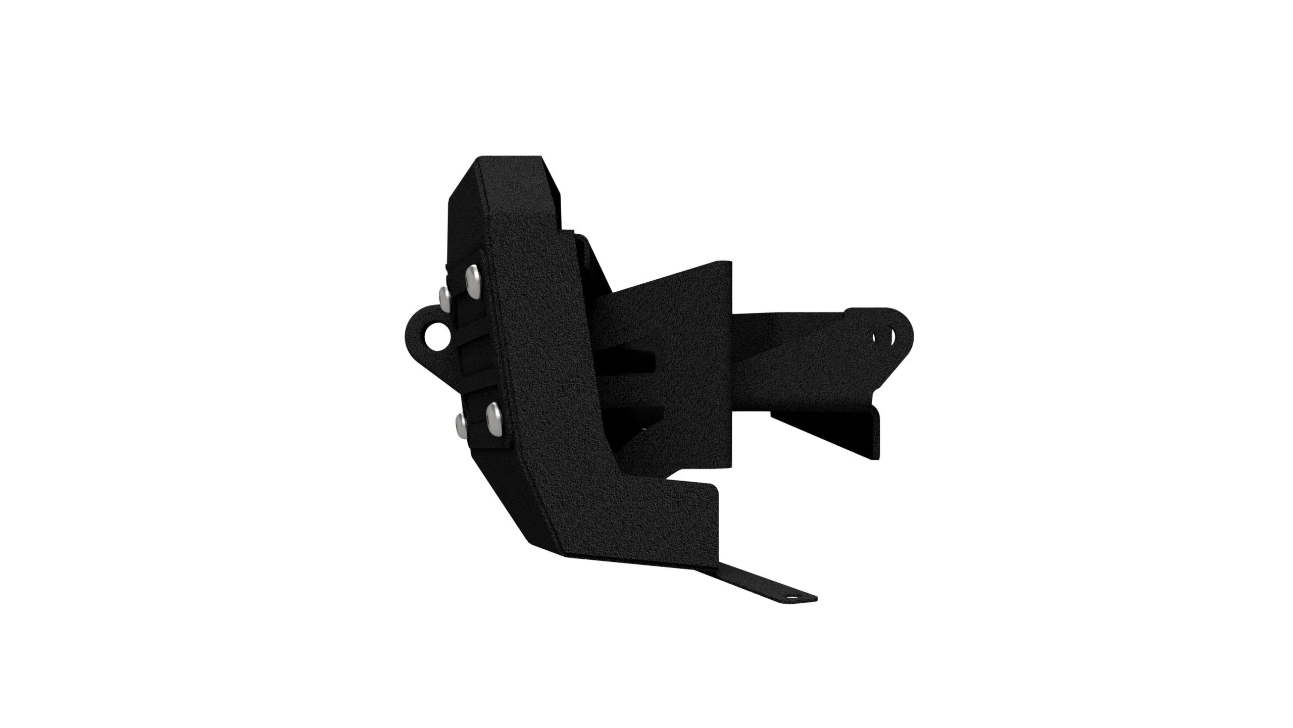 Textured black steel off-road vehicle bumper mount bracket with bolts shown on white background