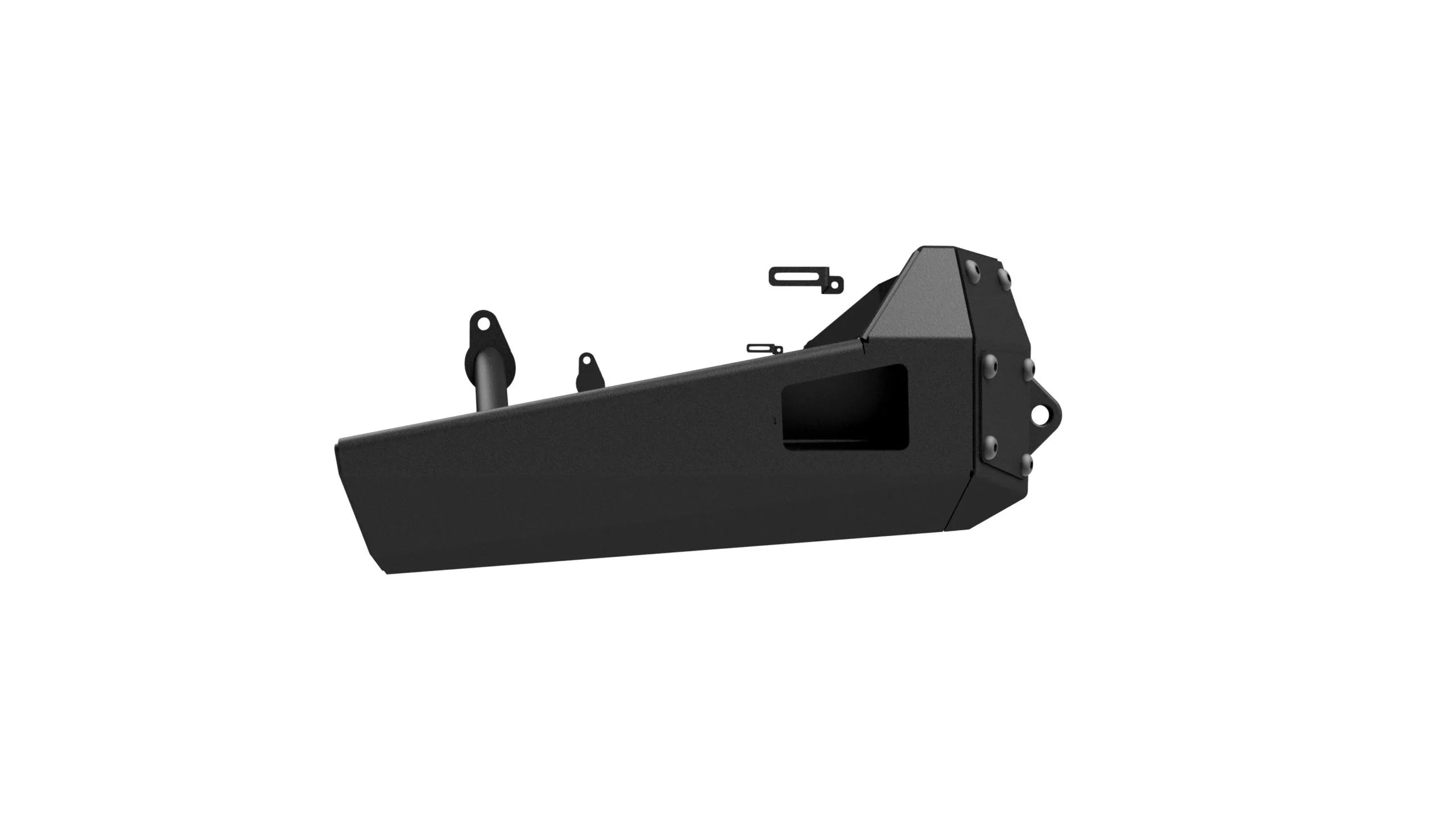 Side view of a black steel off-road rear bumper for Toyota Tacoma, isolated on white background
