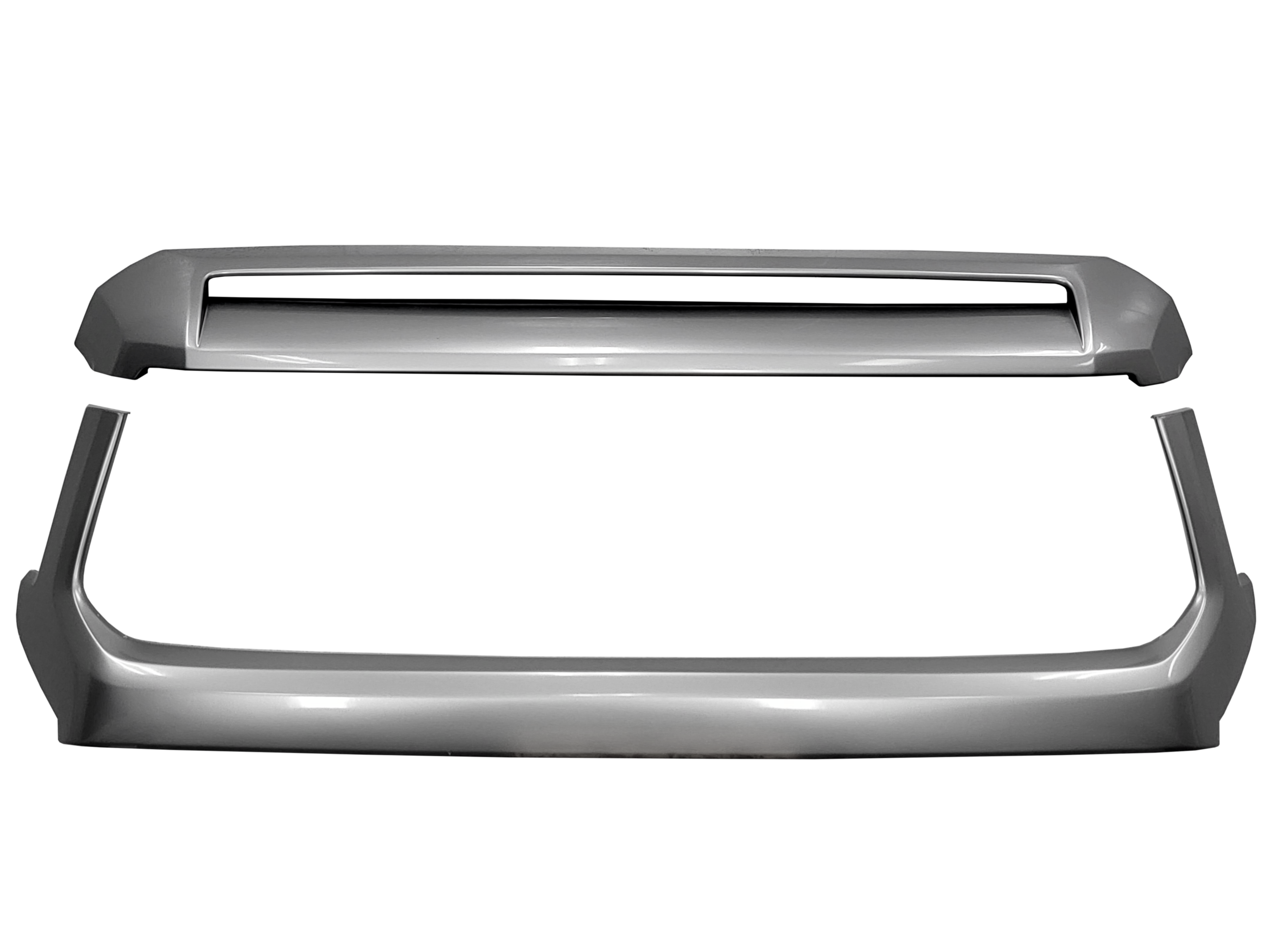 Close-up of a Silver Sky Metallic (Color Code: 1D6) BumperShellz overlay designed for the grille surround and hood bulge of a 2014-2021 Toyota Tundra.