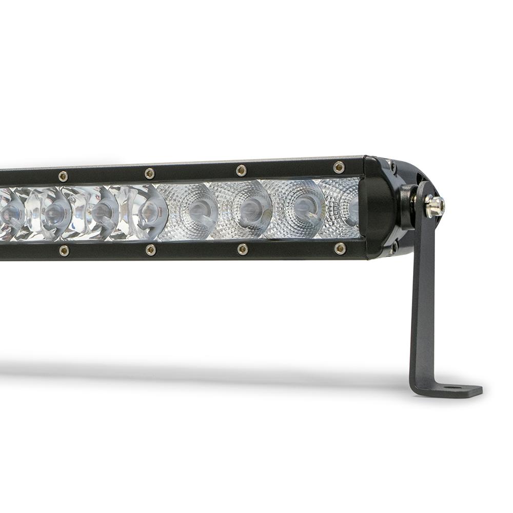 Close-up of a single row LED light bar with chrome face and black mounting bracket