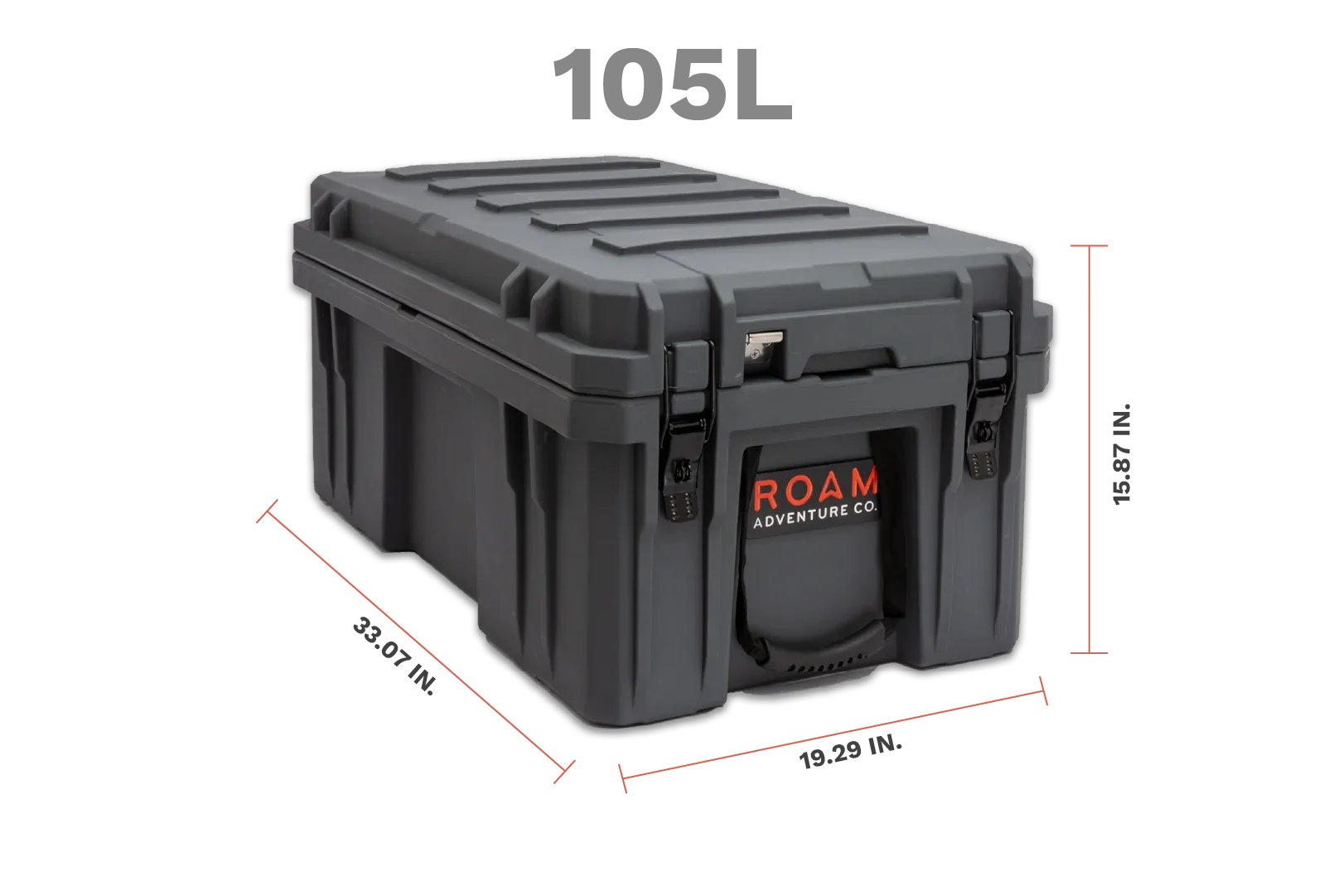 105L black overlanding storage box with dimensions 33.07 x 19.29 x 15.87 inches shown.