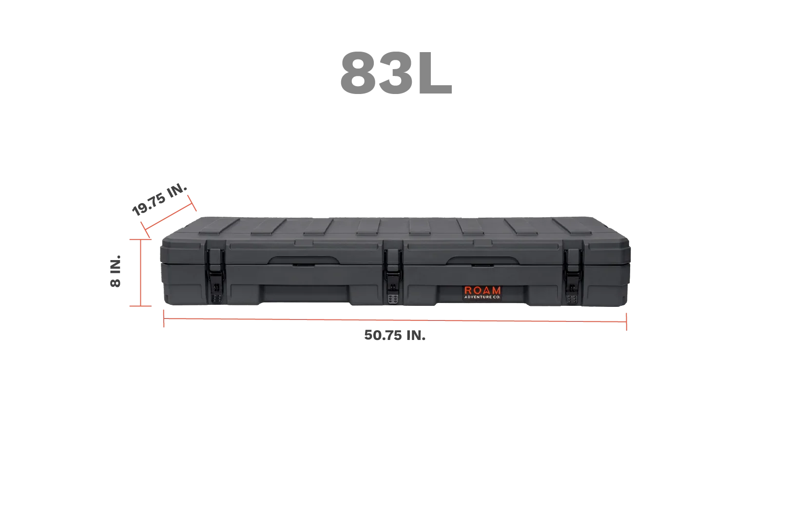 83L black adventure storage case with dimensions 50.75 x 19.75 x 8 inches, ideal for camping gear.