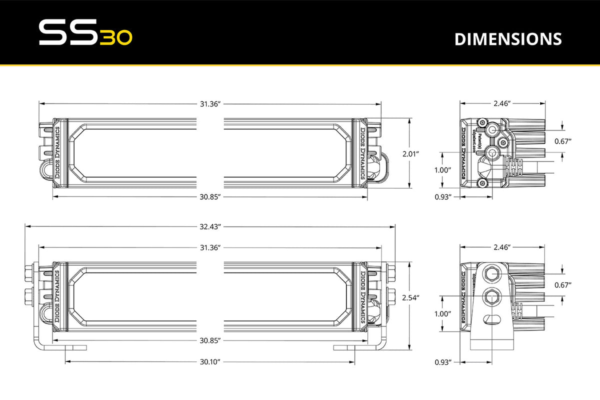 Diode Dynamics SS30 Yellow LED Light Bar for trucks and SUVs – dimensions
