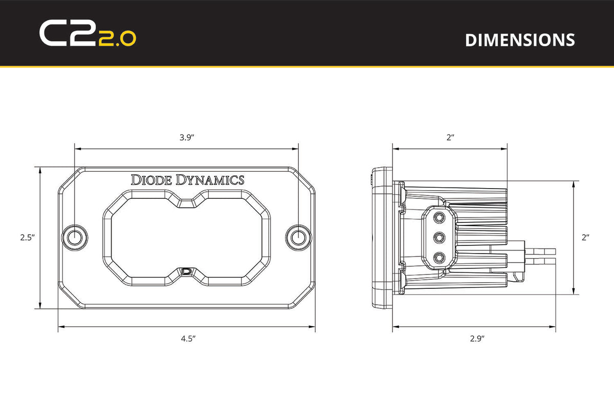 Diode Dynamics C2 2.0 Yellow Sport Flush Mount LED Pod pair for trucks and SUVs – dimensions