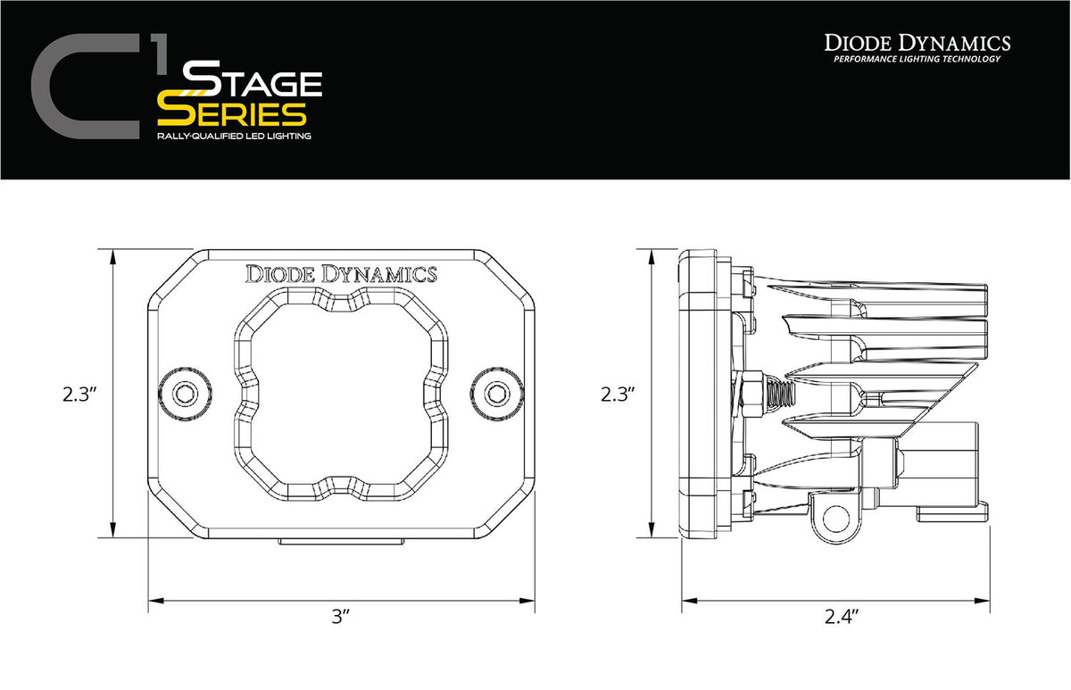 Diode Dynamics SSC1 White SAE Fog Flush Mount LED Pod (Pair) for trucks and SUVs – dimensional drawing