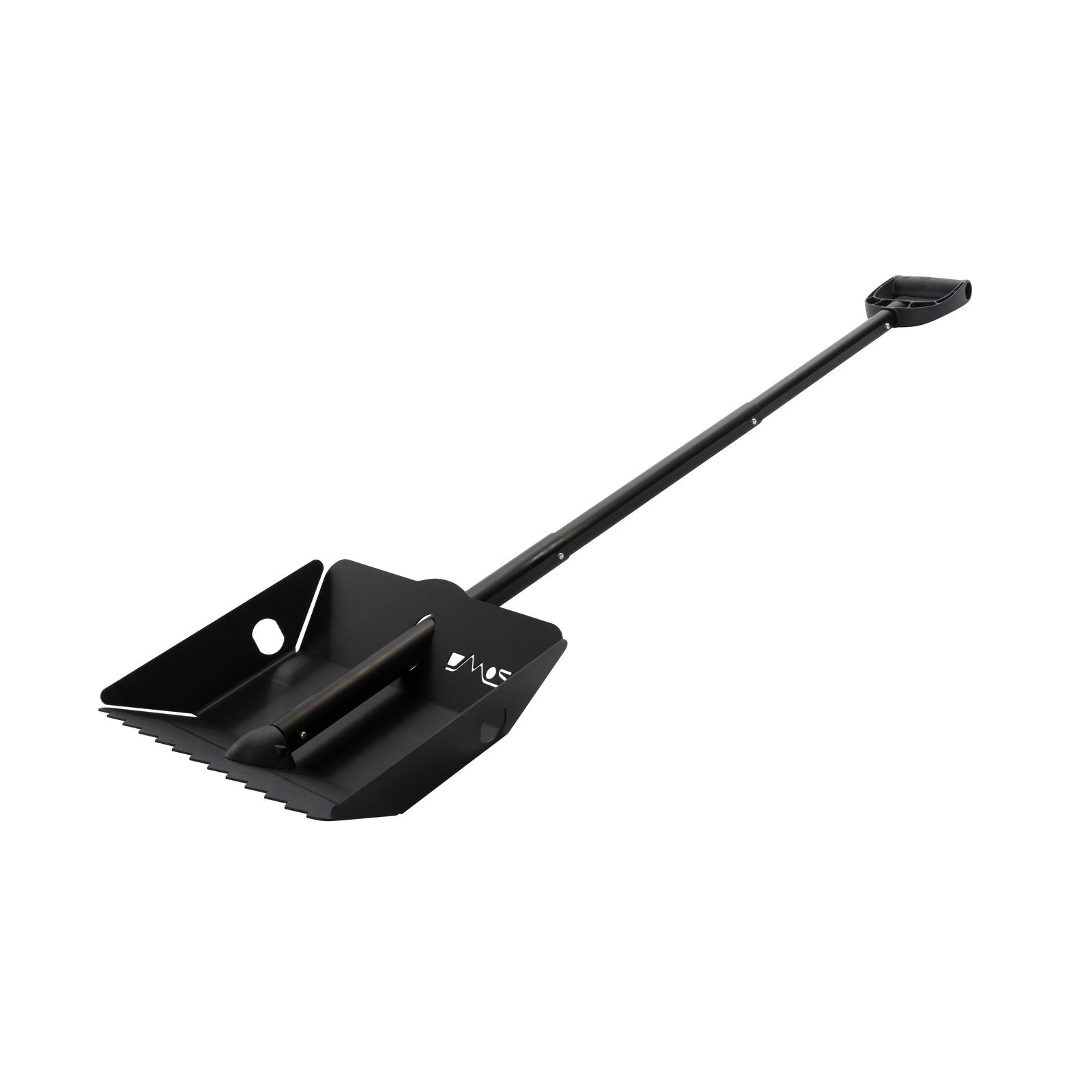 Black overlanding shovel with serrated edge and ergonomic handle, isolated on white background