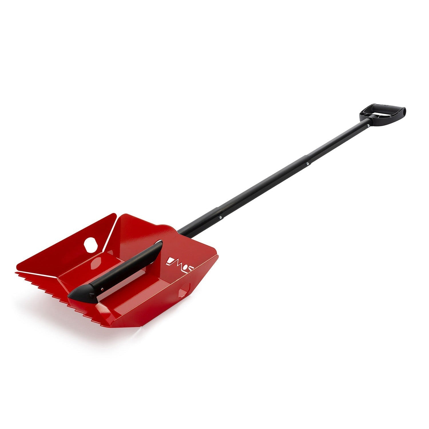 Red metal overlanding shovel with black handle for camping and vehicle recovery