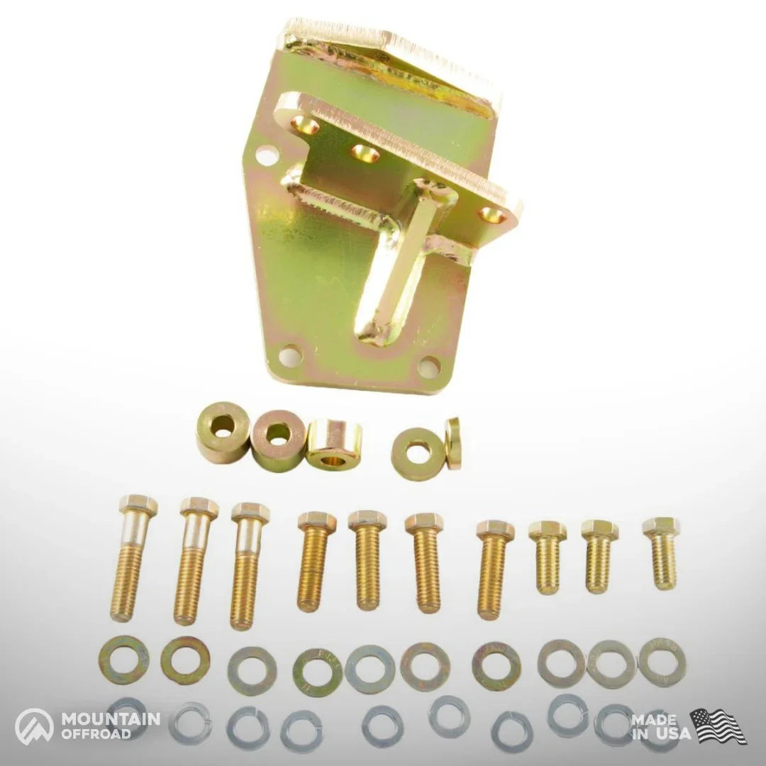 Steering box mount kit with bolts and washers for Jeep CJ 1976-86, off-road vehicle accessory.