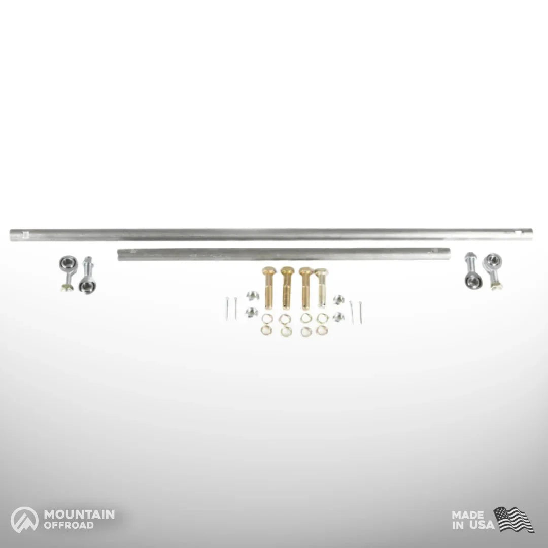 Jeep CJ steering kit with tie rod, drag link, and mounting hardware on white background