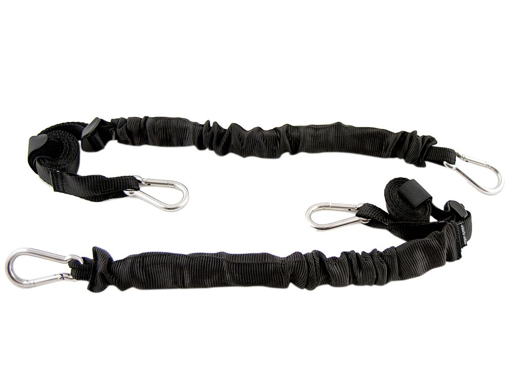 Black overland gear straps with carabiner clips for vehicle and camping use