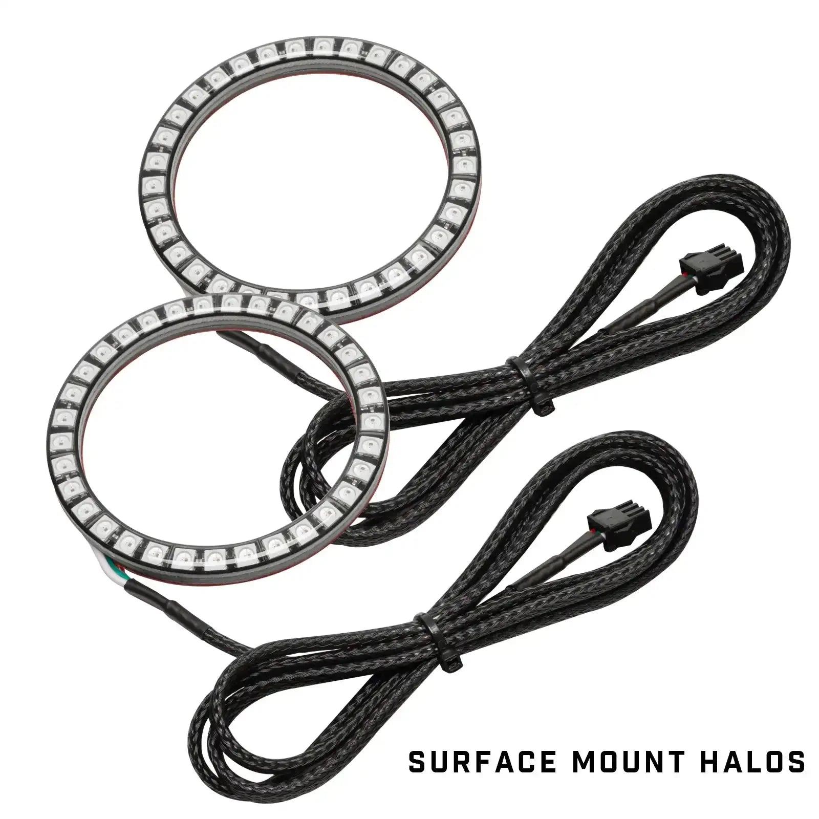 Pair of LED surface mount halo rings with wiring, ideal for off-road vehicle lighting upgrades