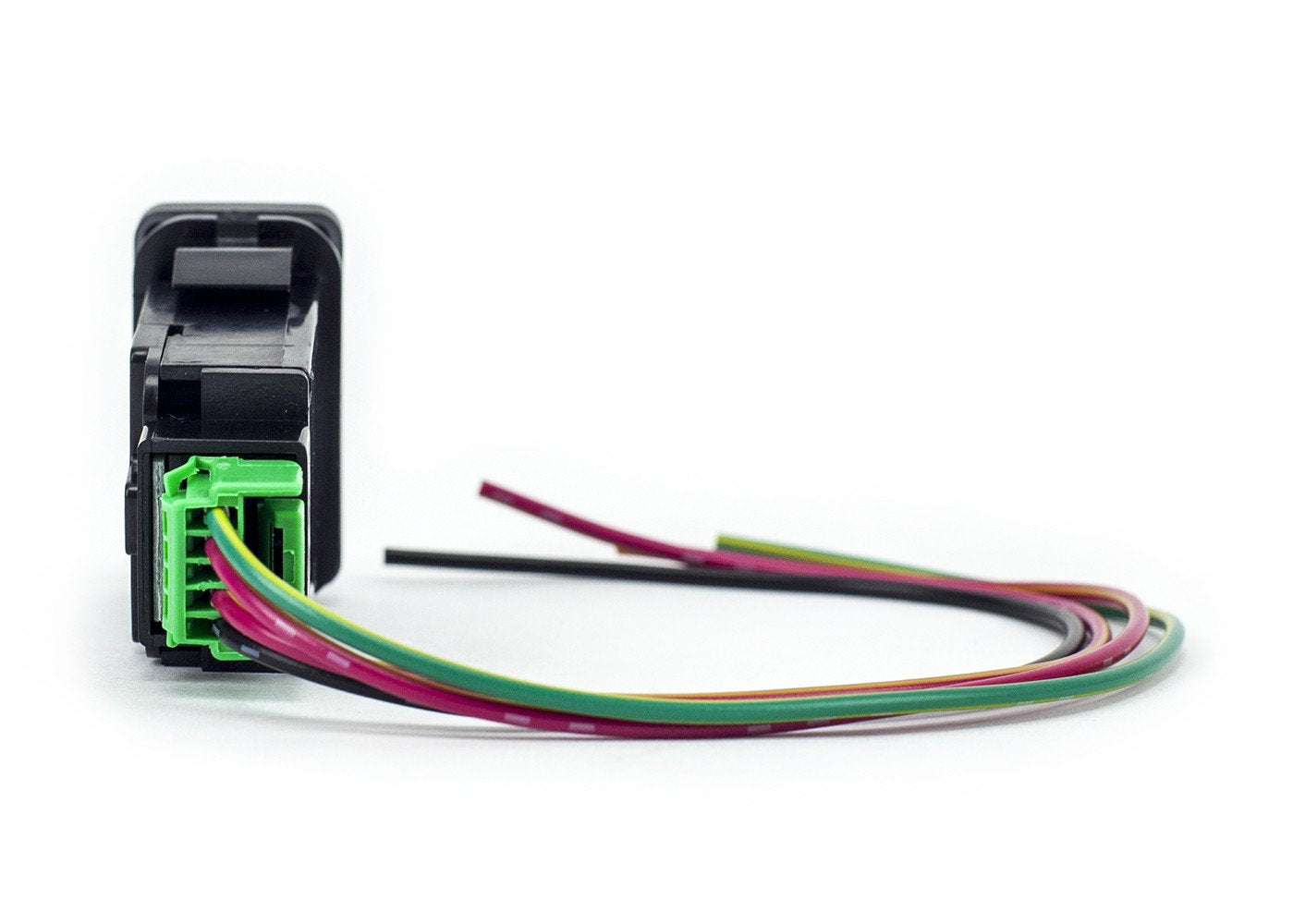 Automotive wiring harness with green connector and colored wires for vehicle accessories
