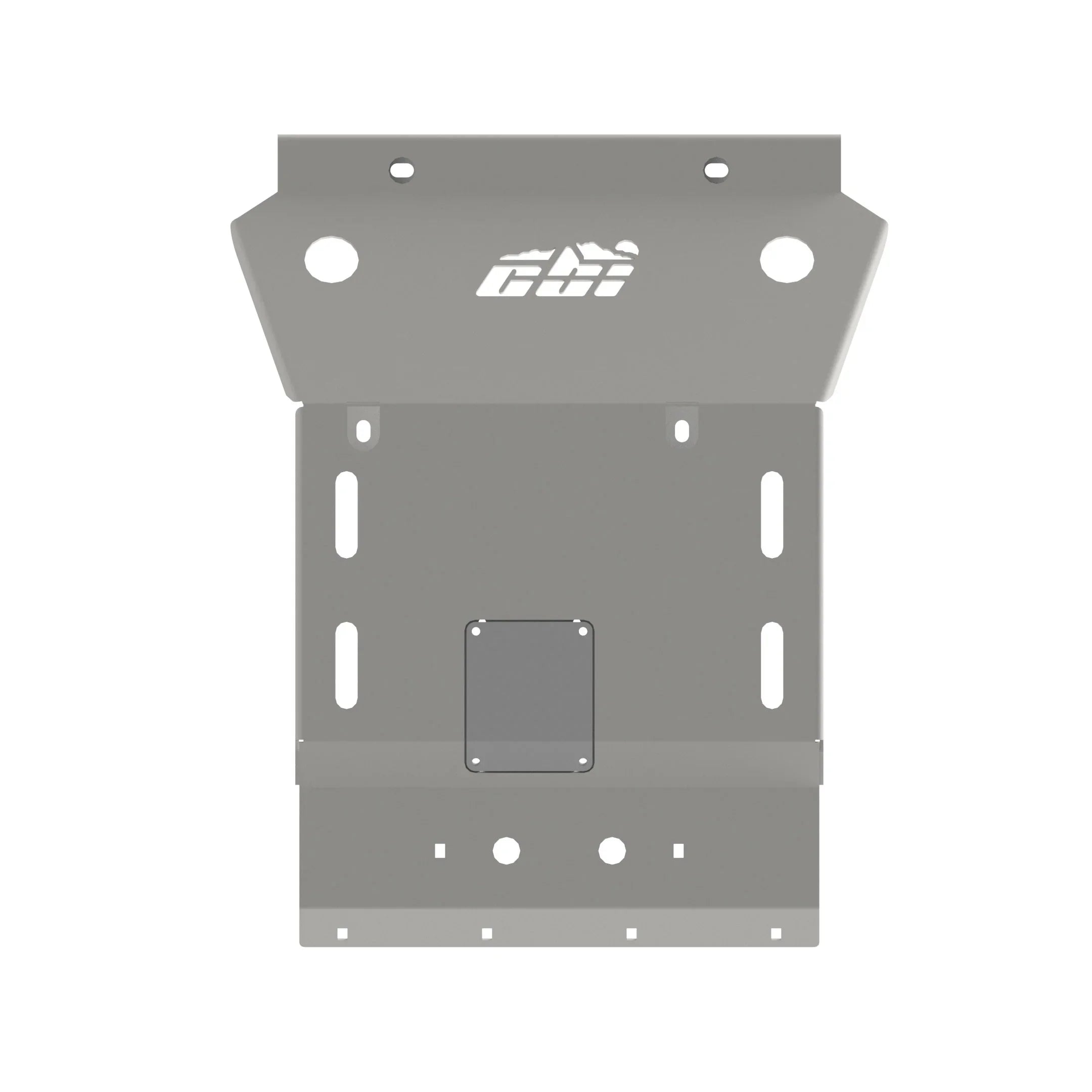 Front skid plate for Toyota 4Runner, silver metal, with cutouts and mounting holes.