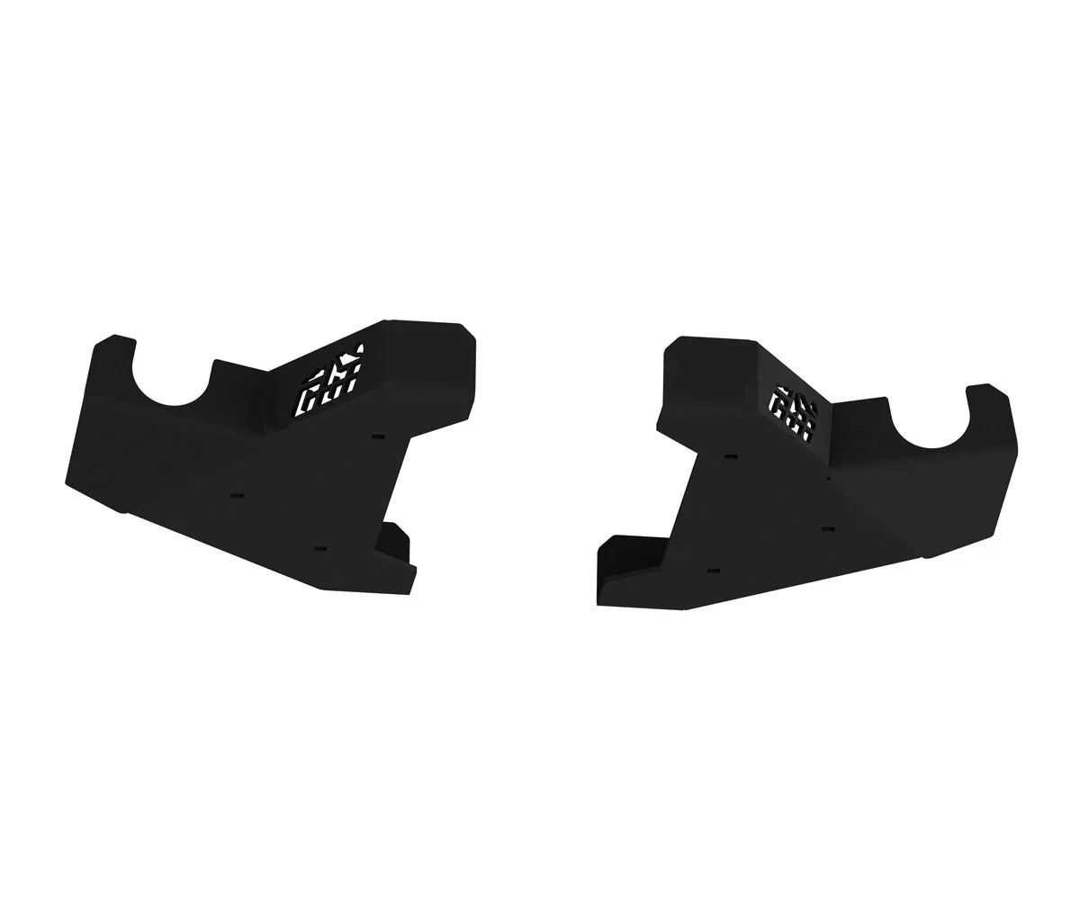 Pair of black steel off-road bumper end caps with vent cutouts for trucks or SUVs