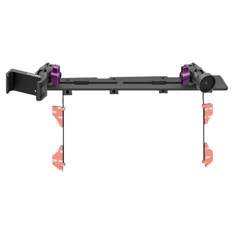Tacoma phone mount dash bracket with purple knobs for overlanding vehicle interior